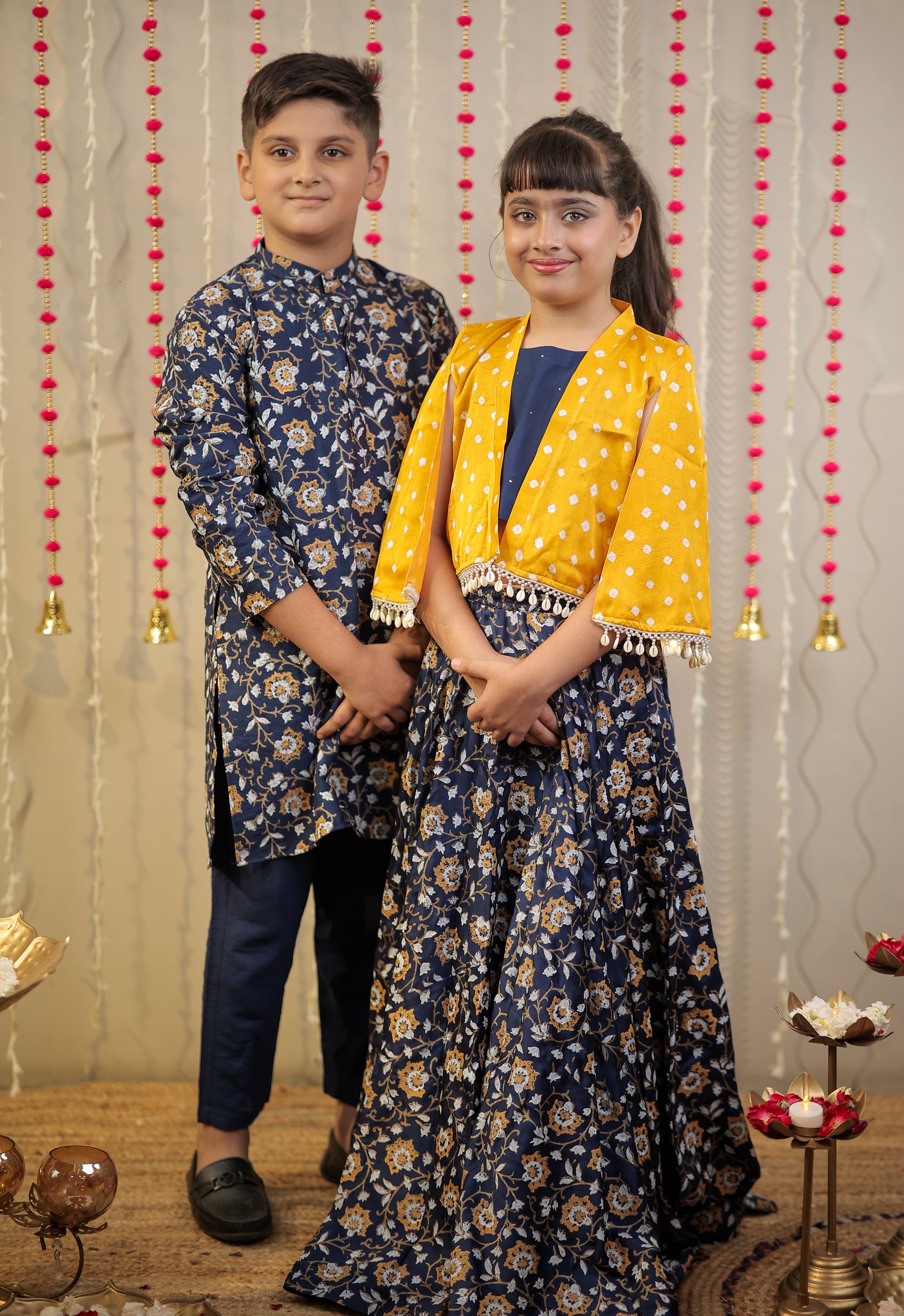 Ink Blue block printed skirt with blouse paired with shrug.
