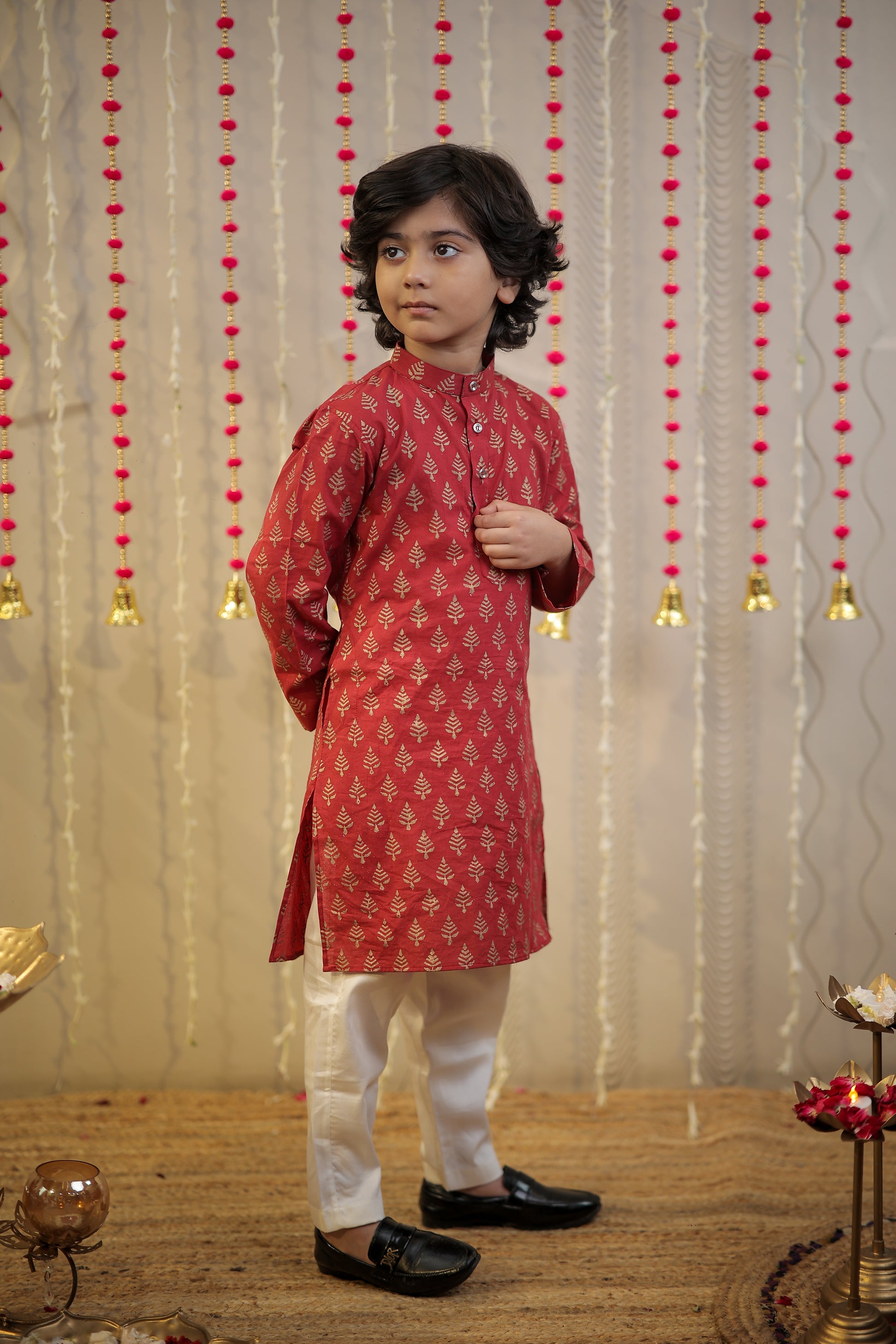 Maroon block printed kurta set.