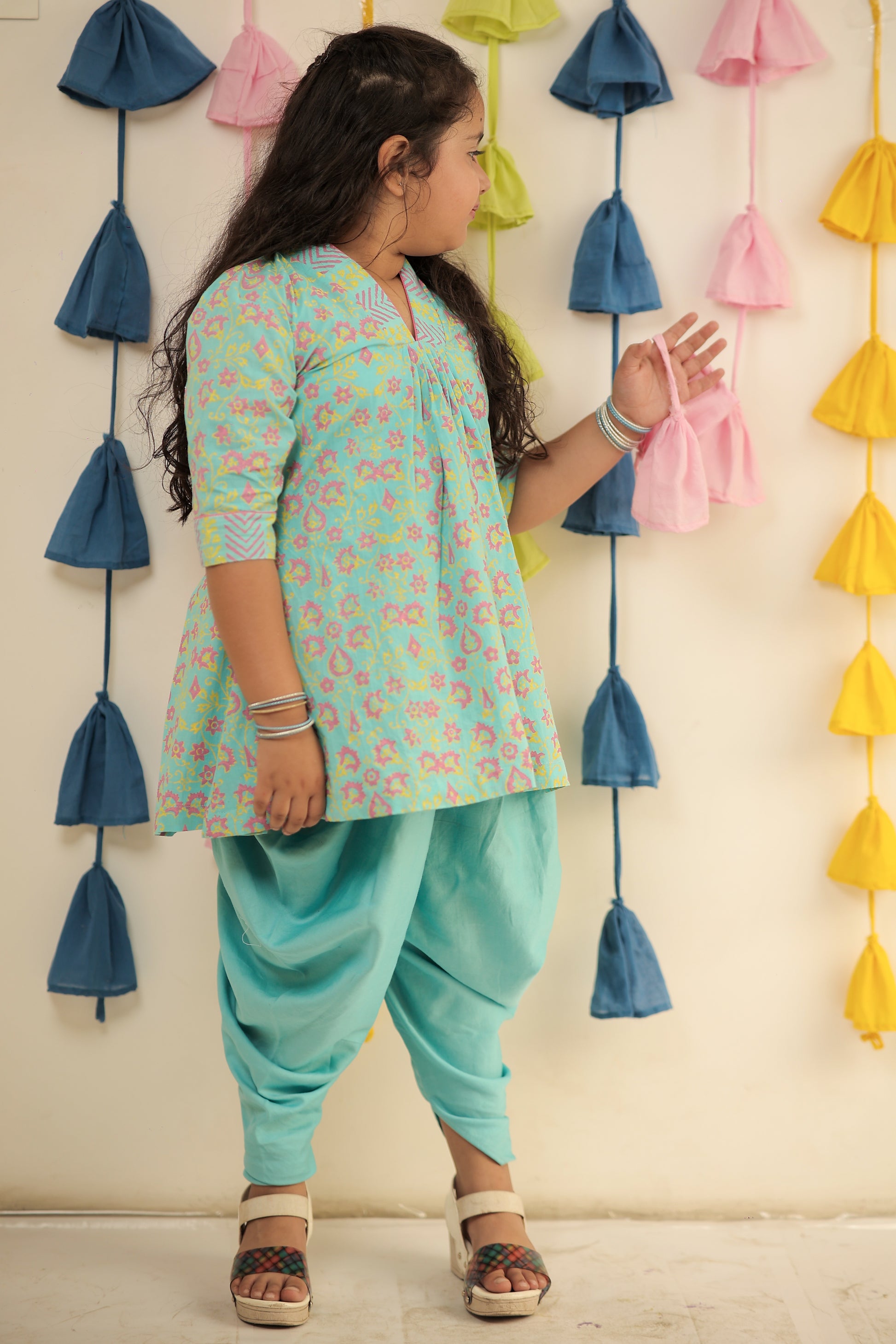 Blue block printed kurta set with dhoti pants.