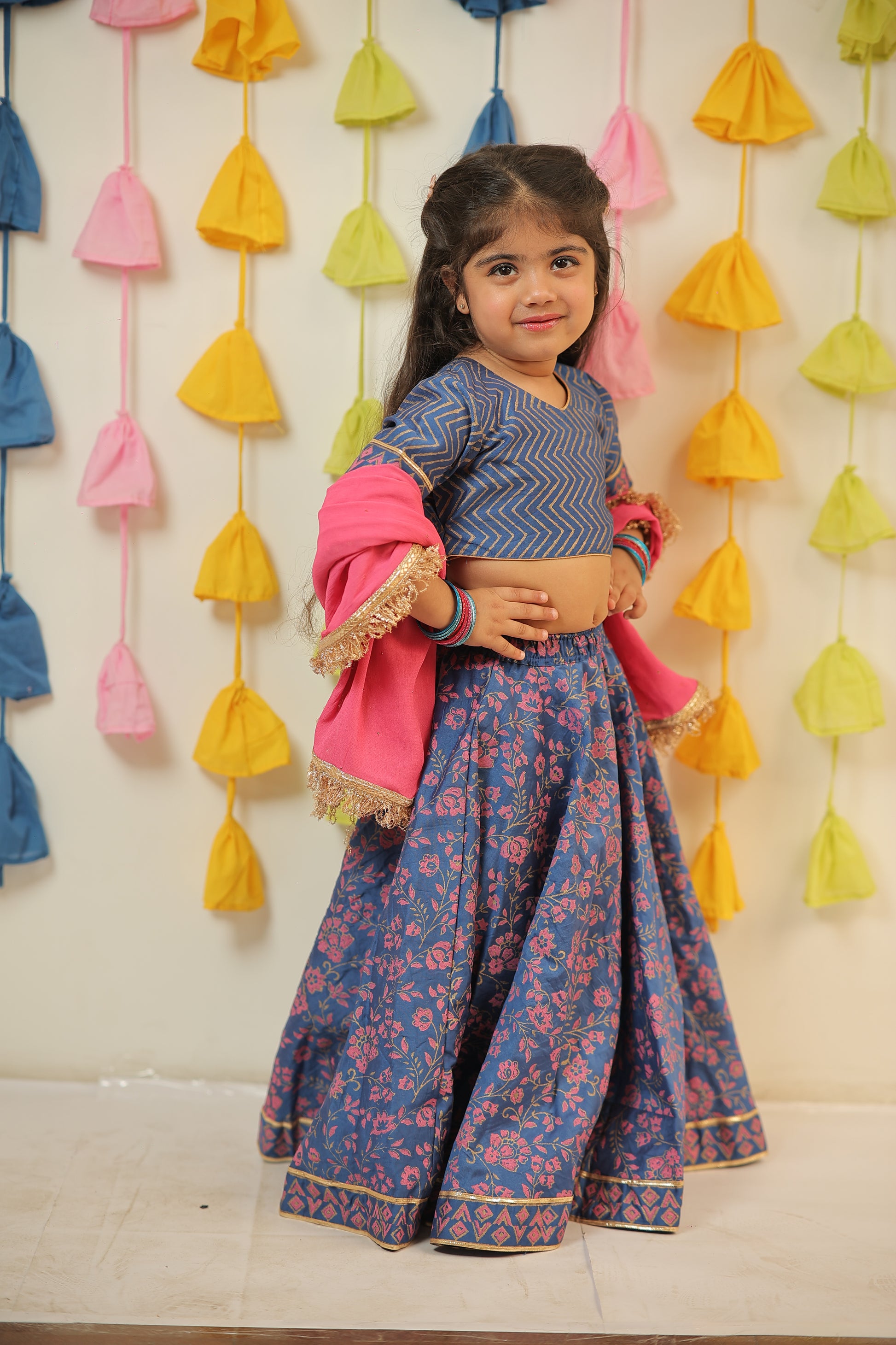 Blue block Printed lehenga set.