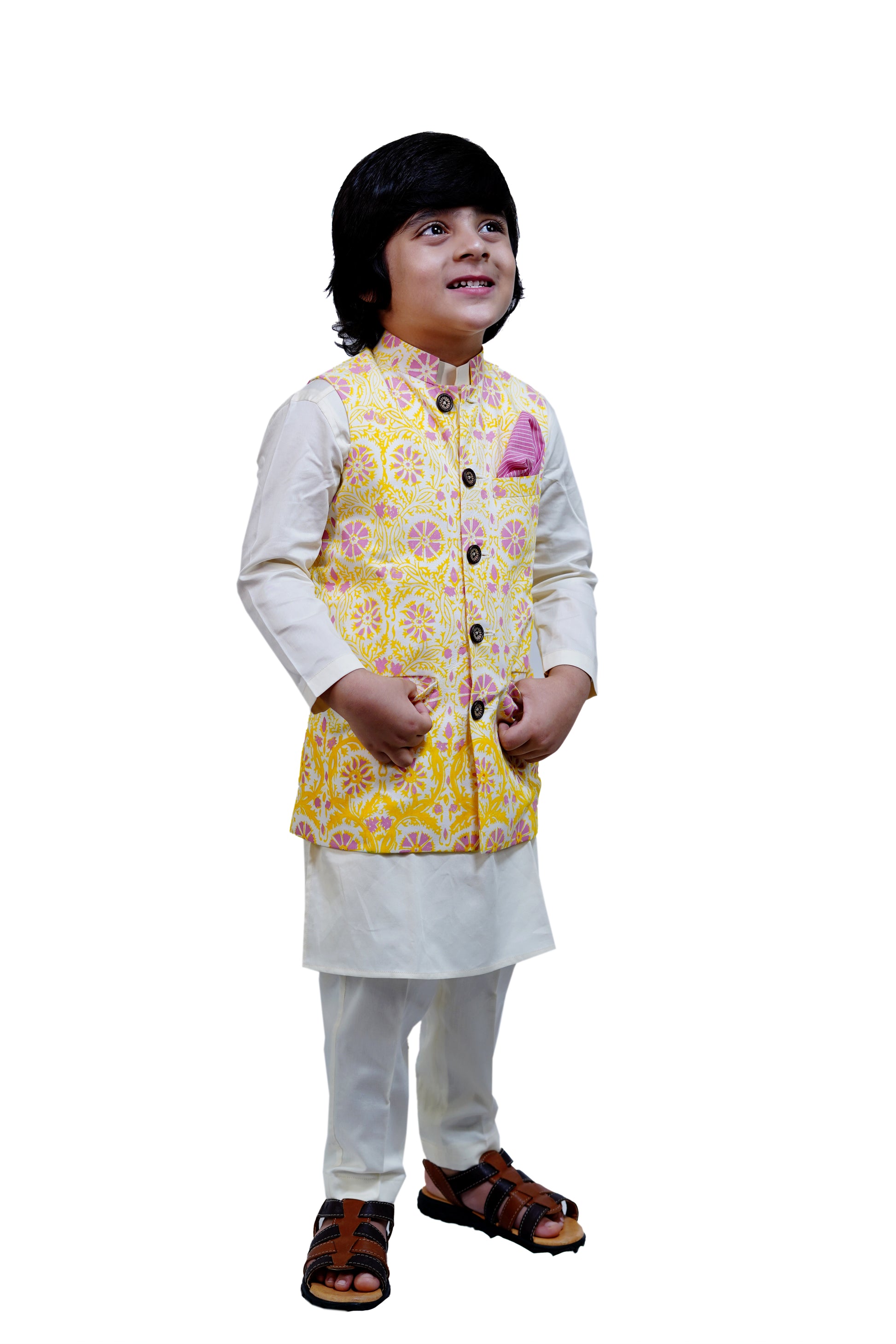 IVORY KURTA PAJAMA WITH PRINTED JACKET SET