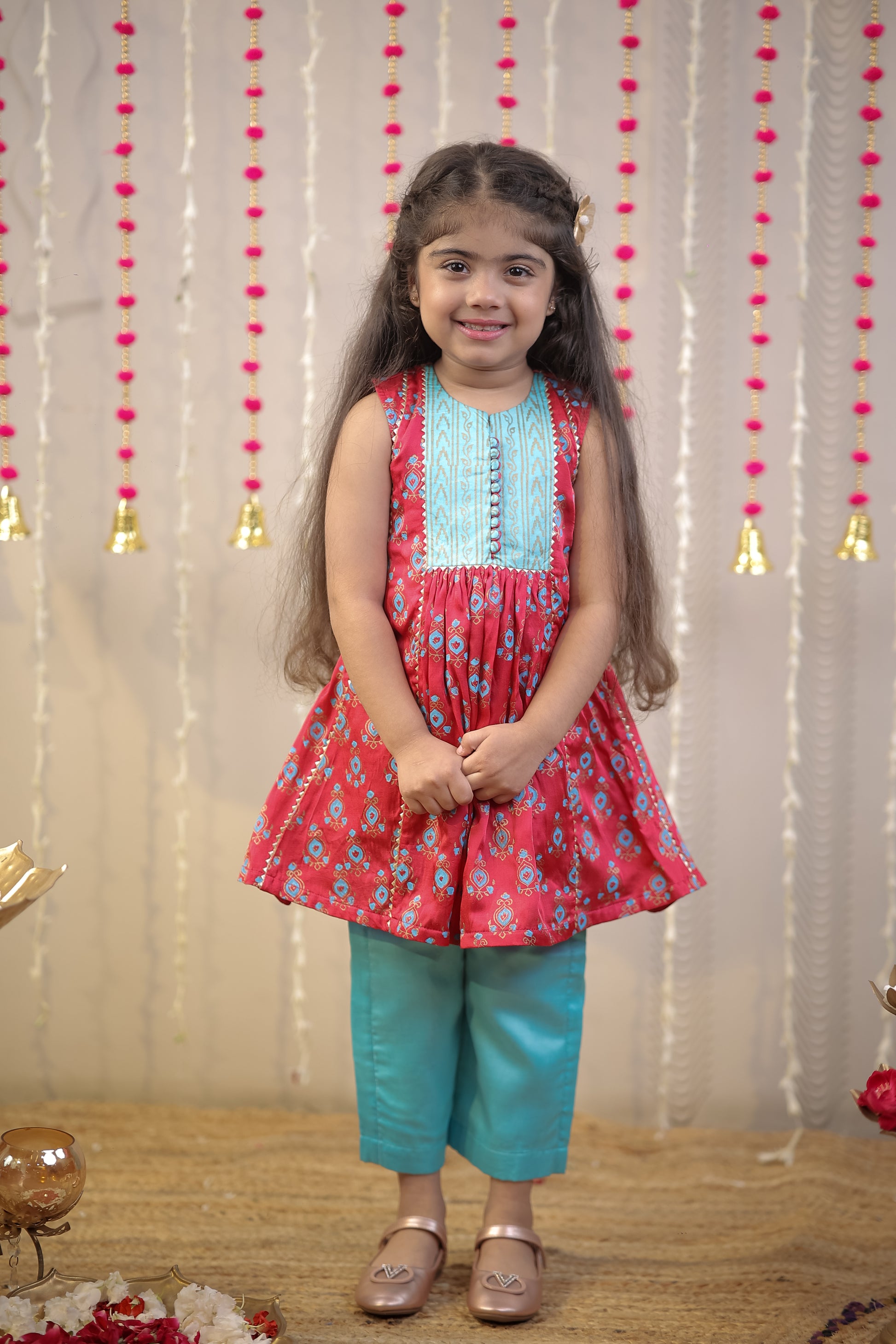 Pink block printed kurta with pants