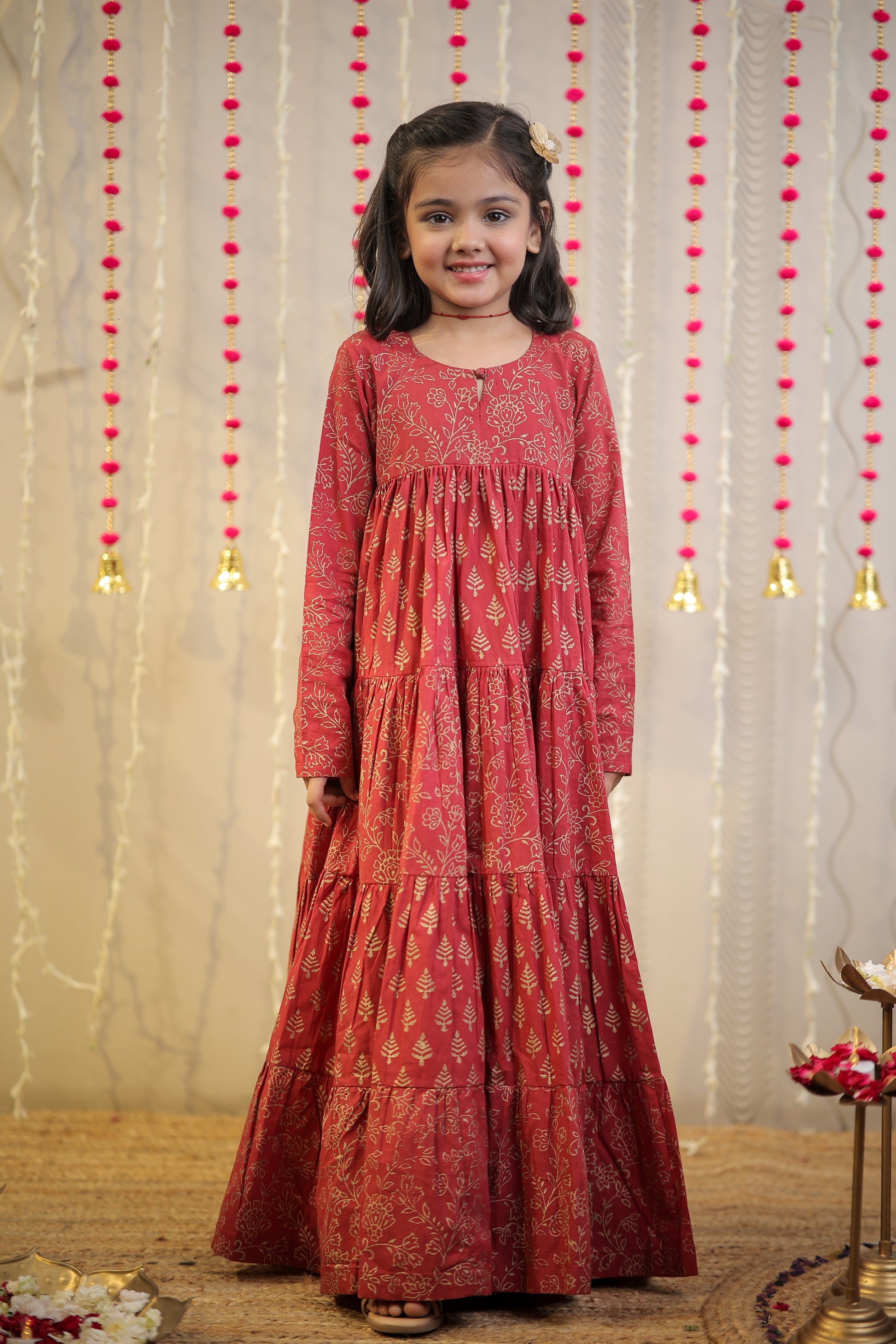 Maroon block printed full length kurta.