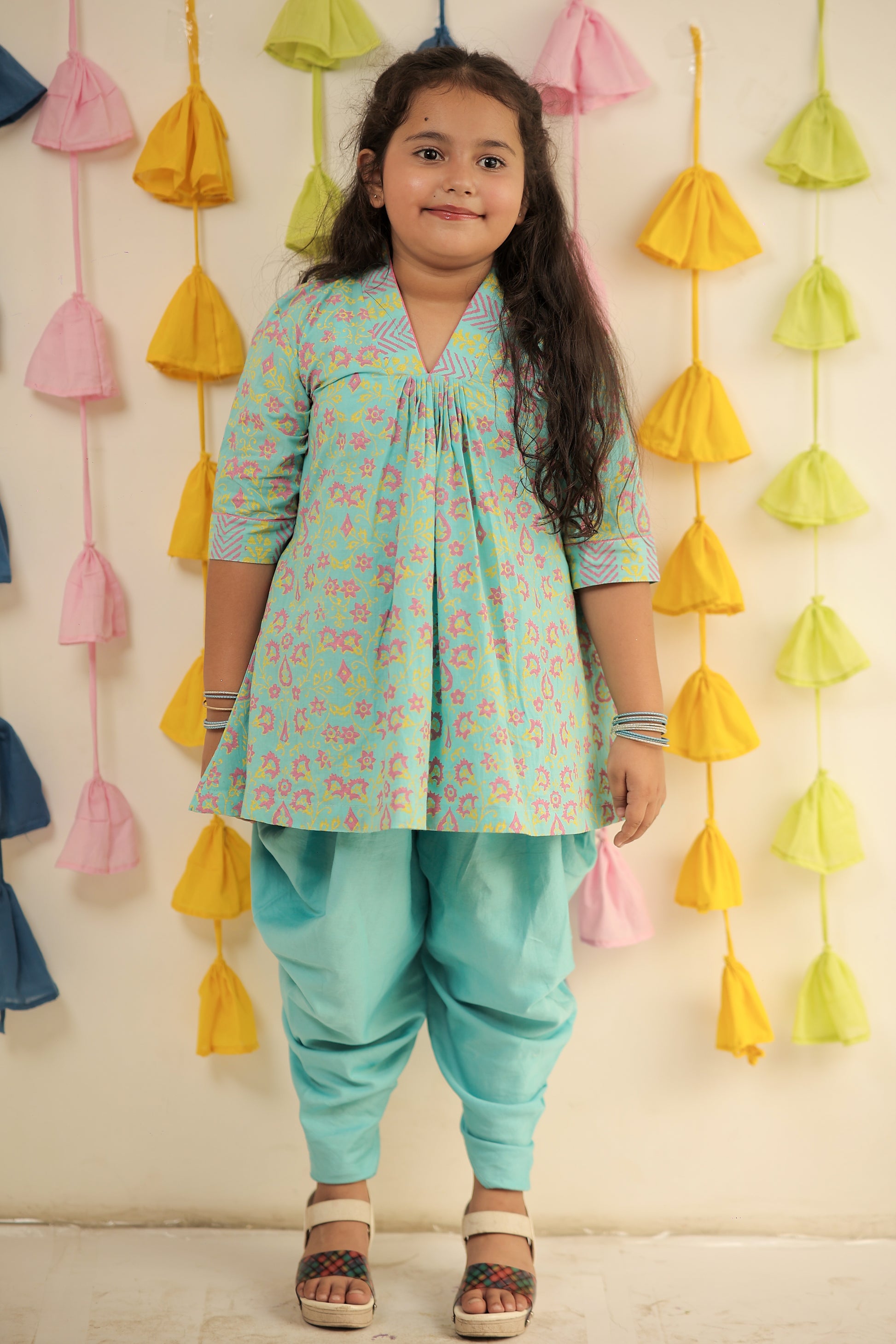 Blue block printed kurta set with dhoti pants.
