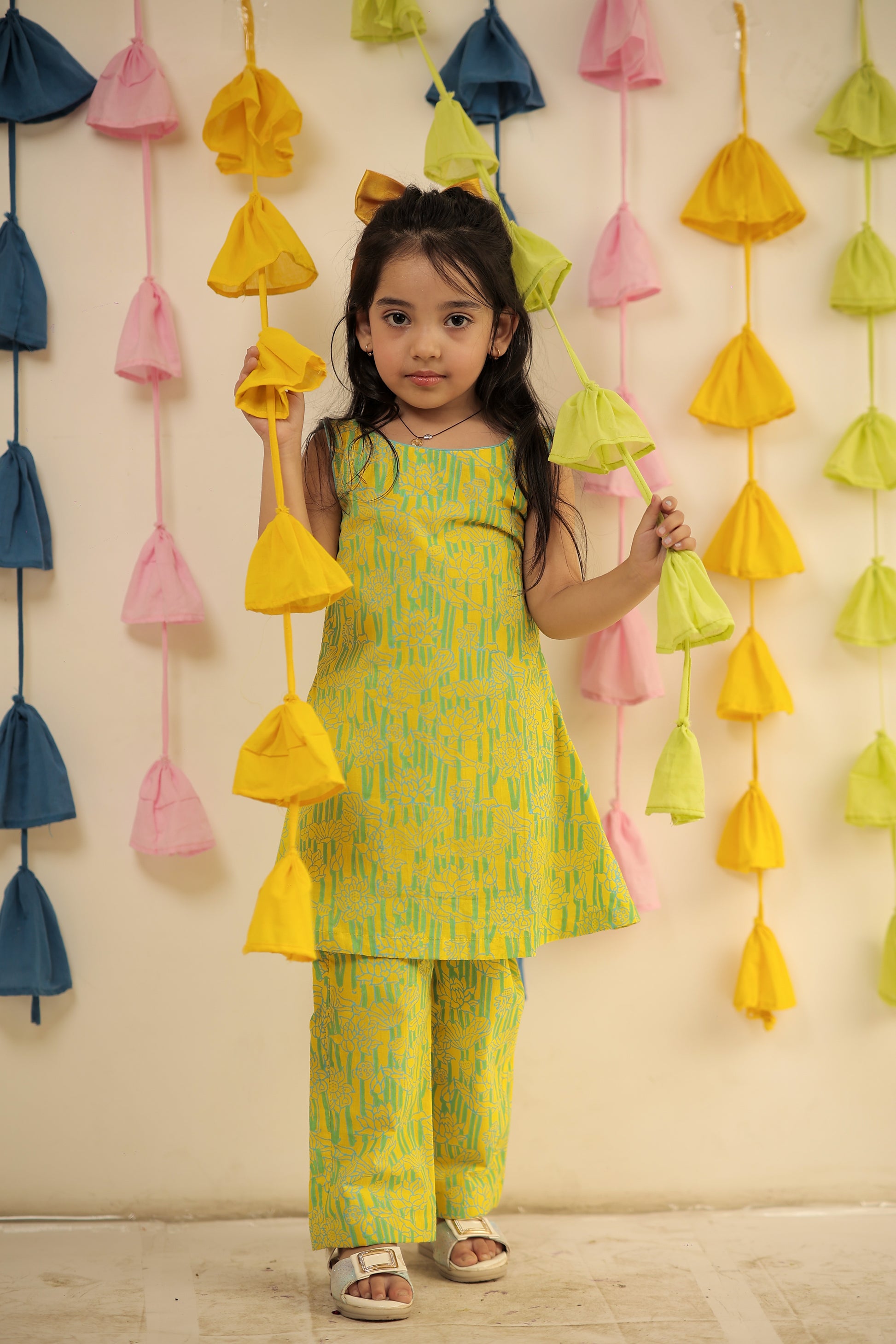 Lemon yellow Block printed kurta set with pants.