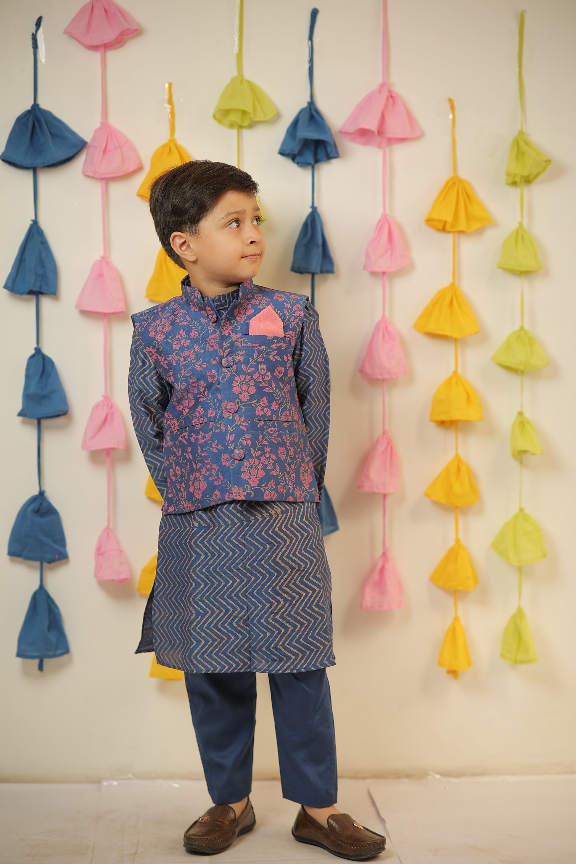 Blue block printed kurta set with jacket