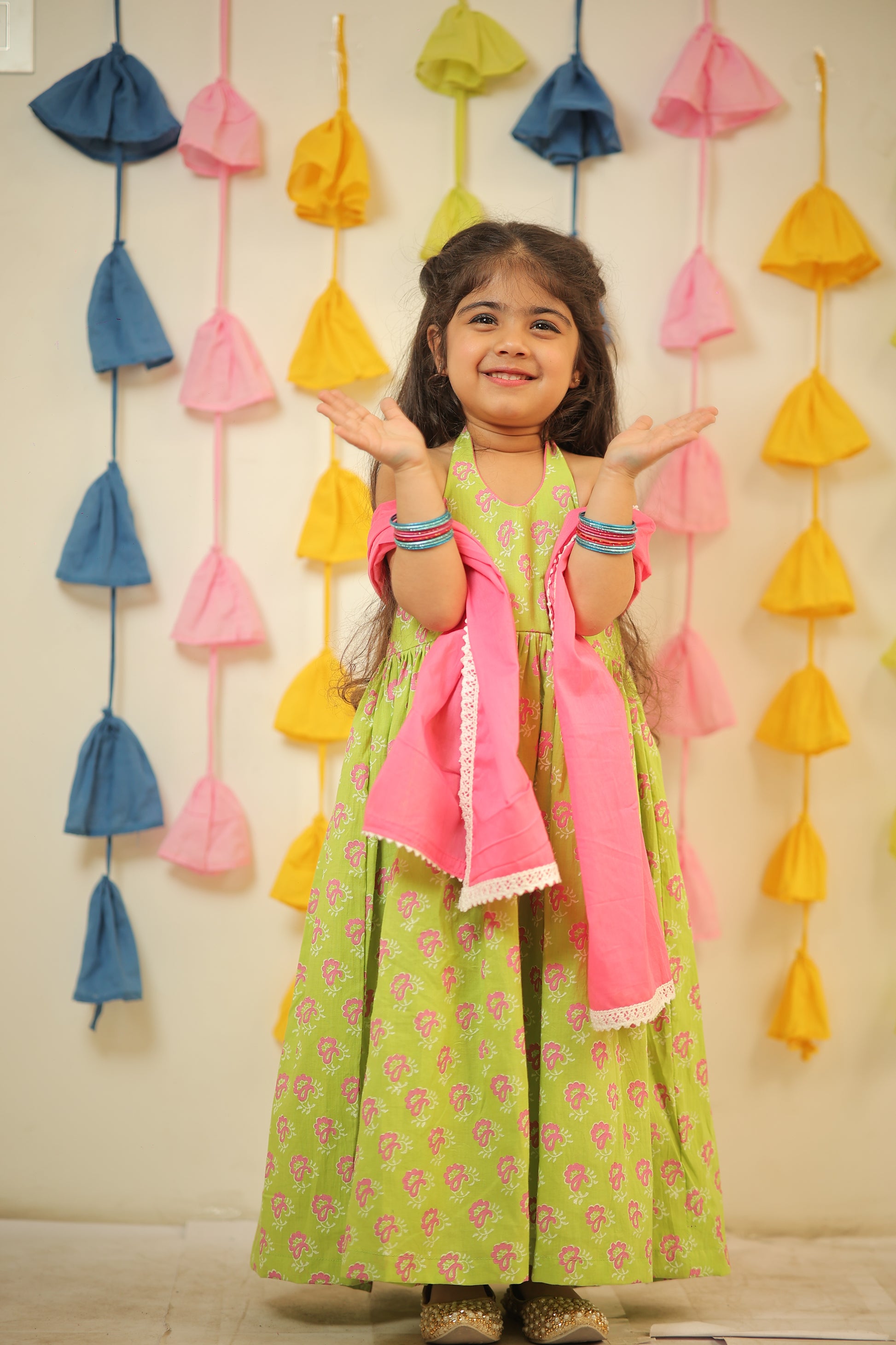 Green full length block printed kurta with dupatta.