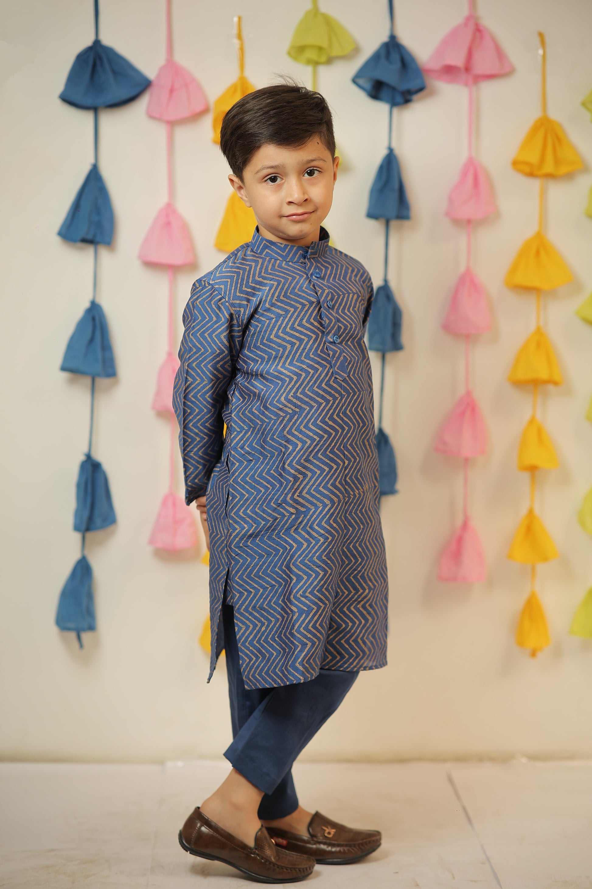 Blue block printed kurta set