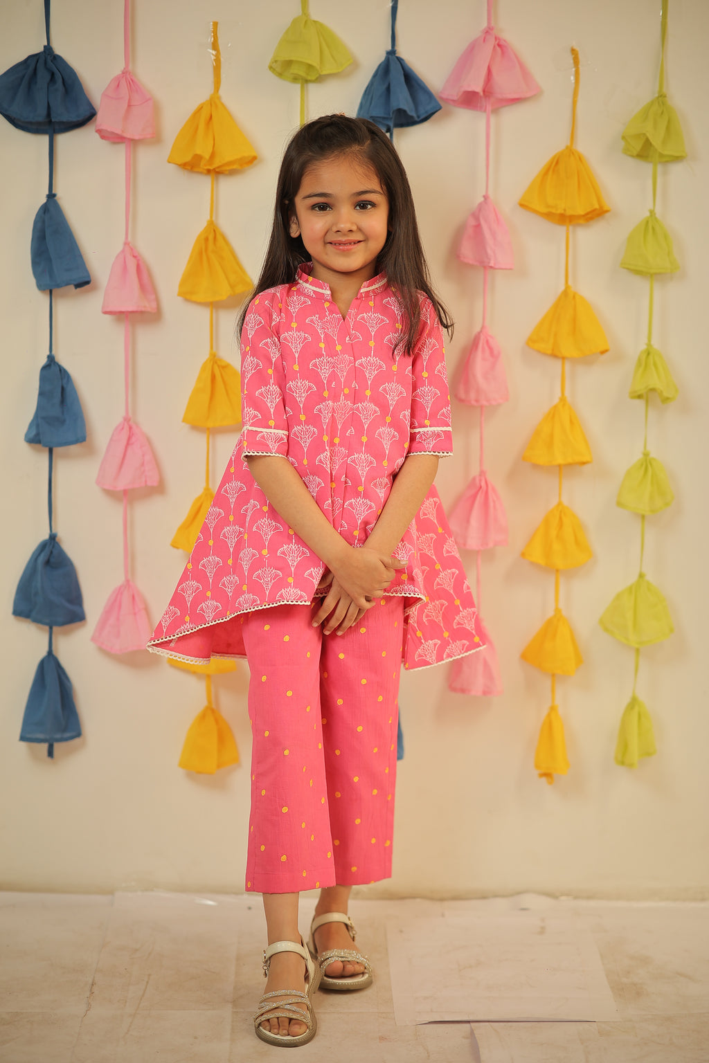 Pink block printed high-low kurta set.