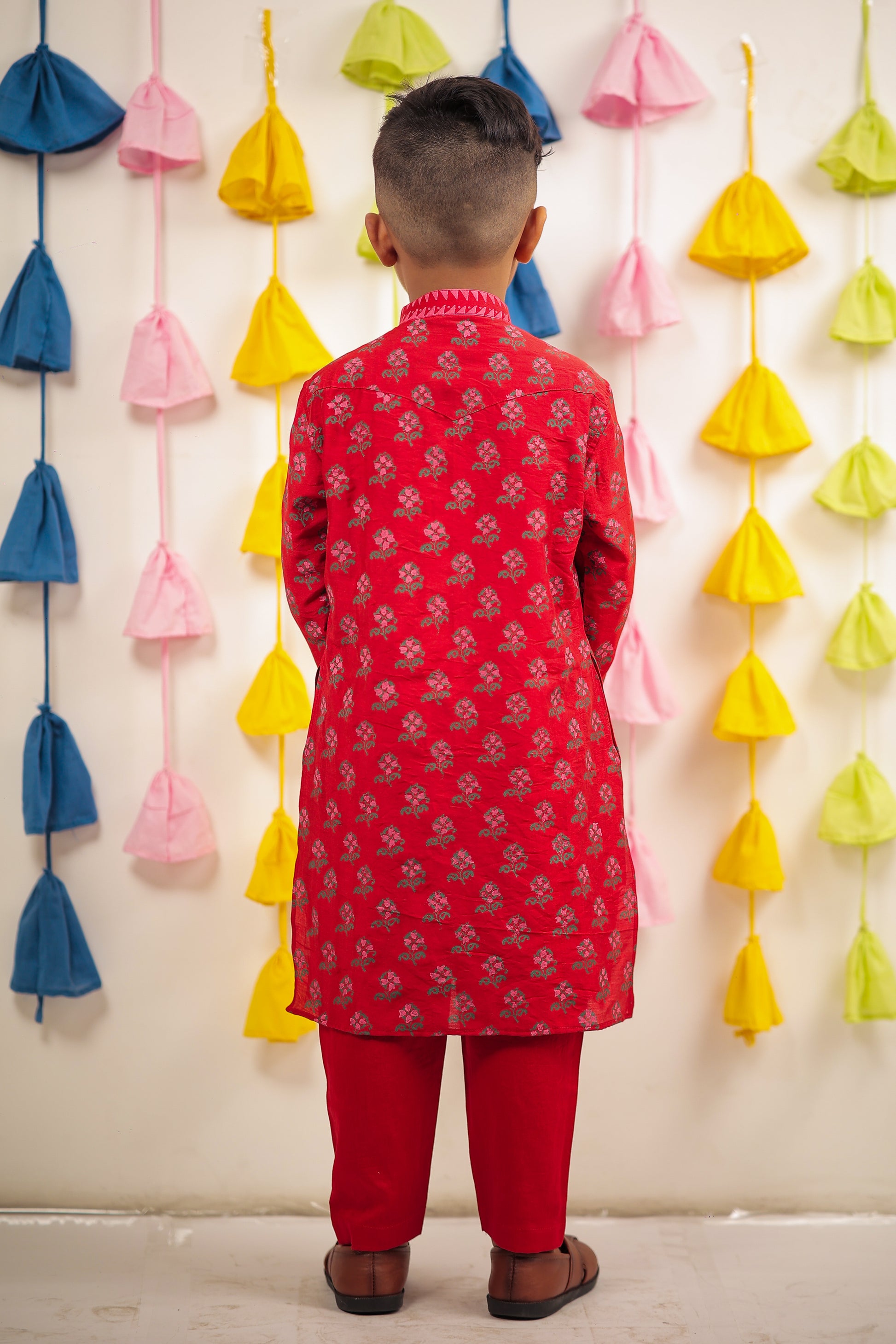 Red Block printed kurta set.