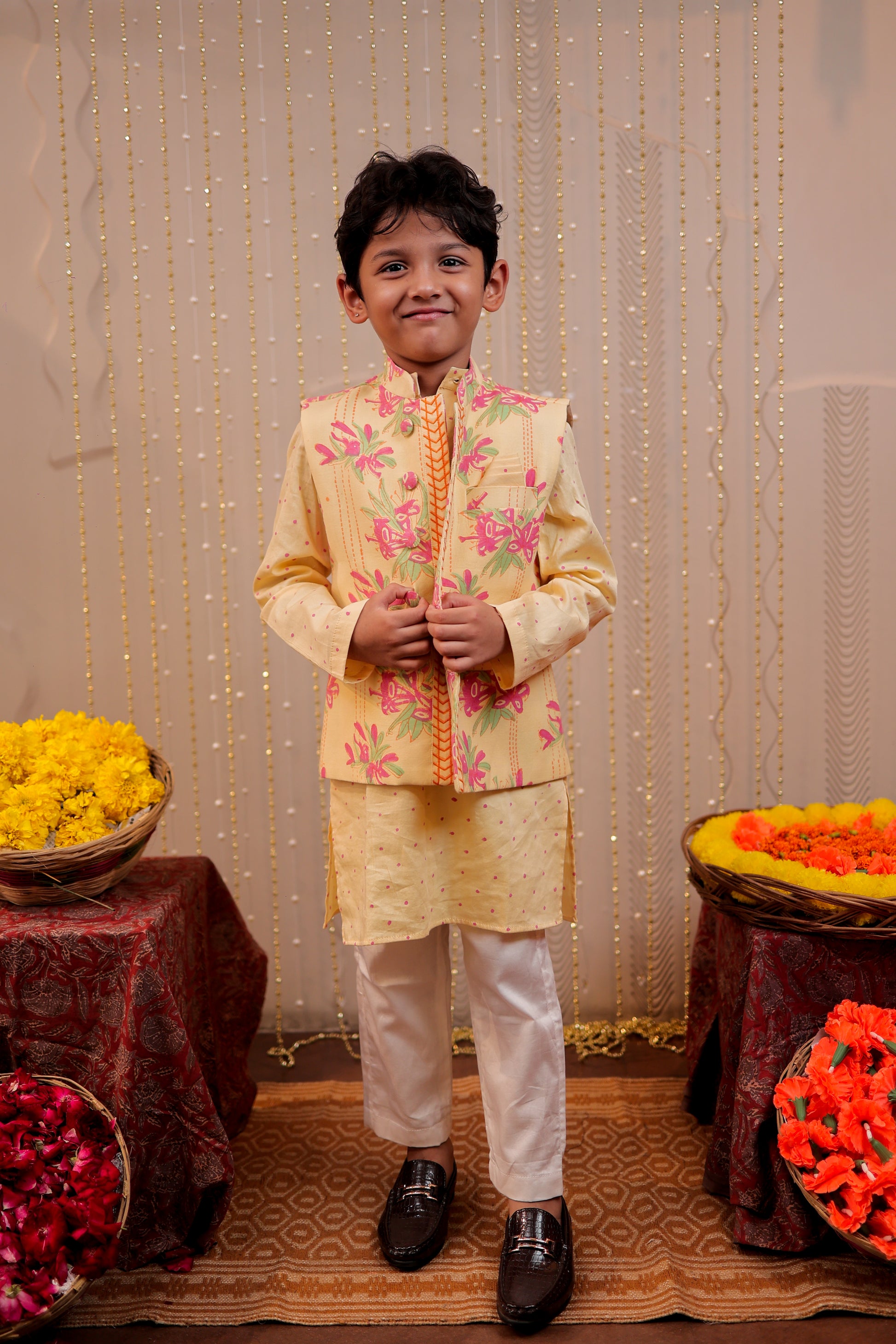 Yellow Block Printed Kurta Set with jacket
