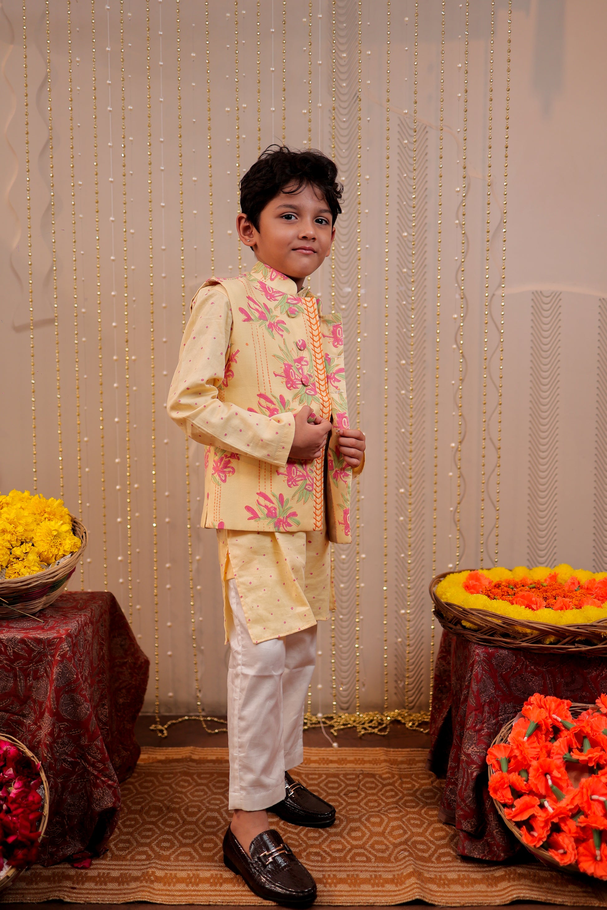 Yellow Block Printed Kurta Set with jacket