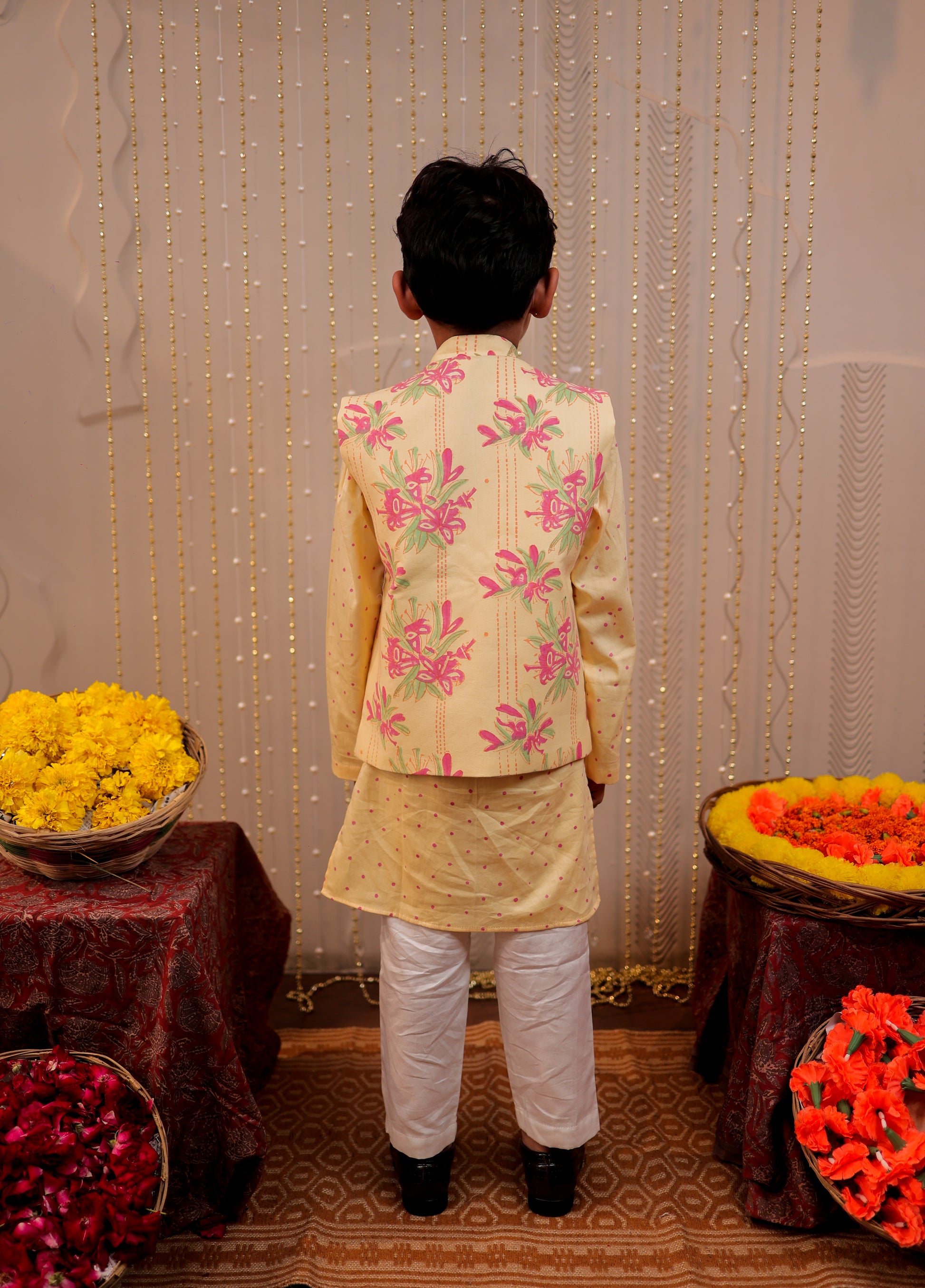 Yellow Block Printed Kurta Set with jacket