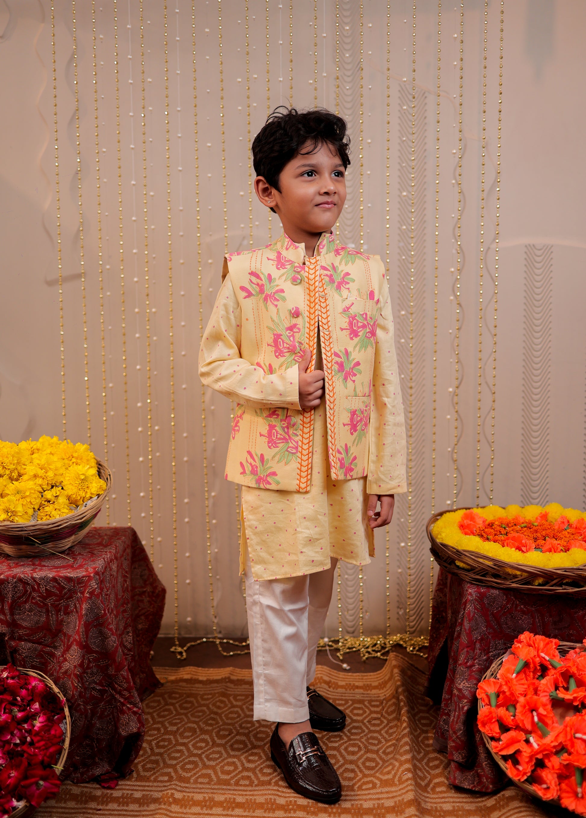 Yellow Block Printed Kurta Set with jacket