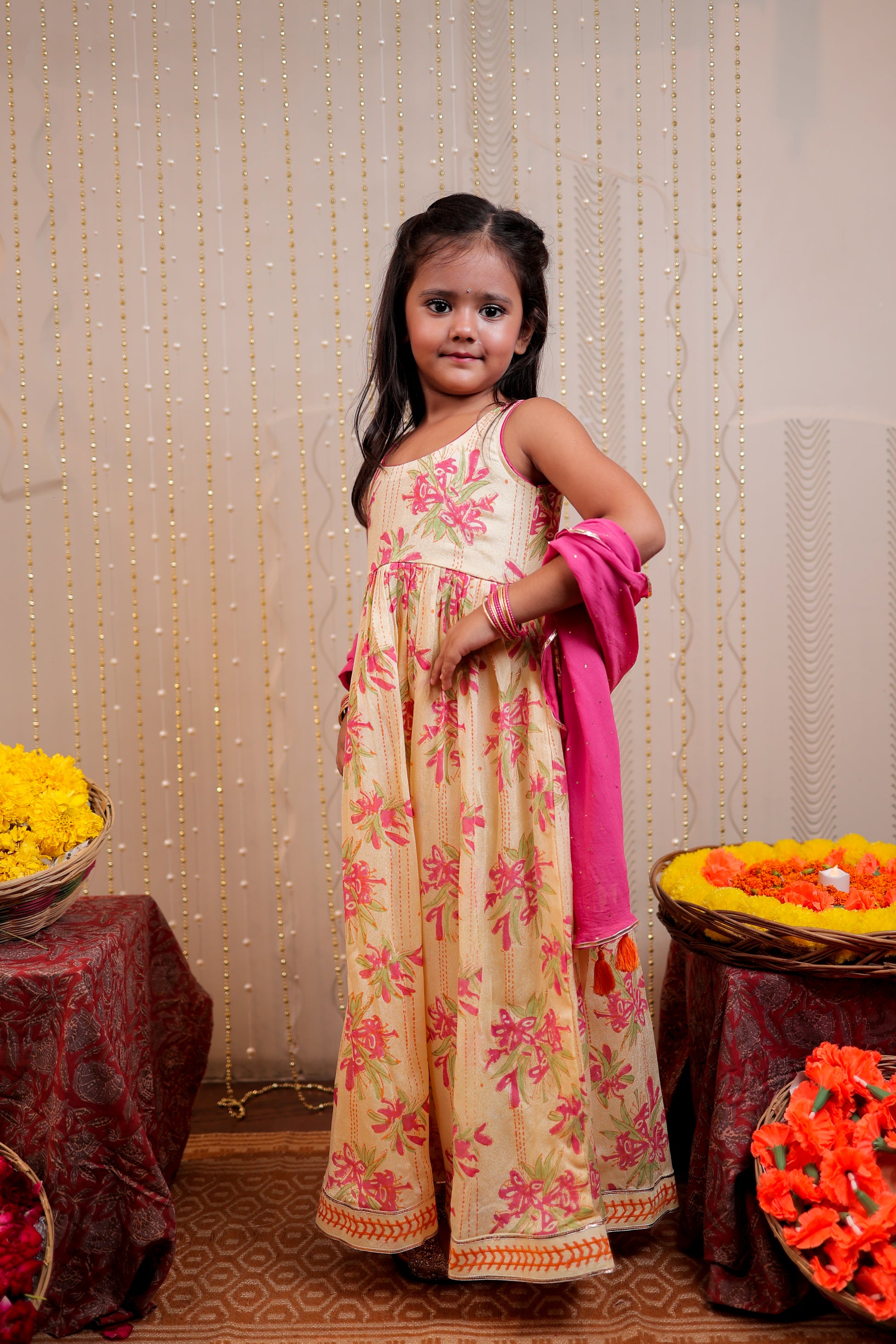 Yellow full length block printed kurta with dupatta