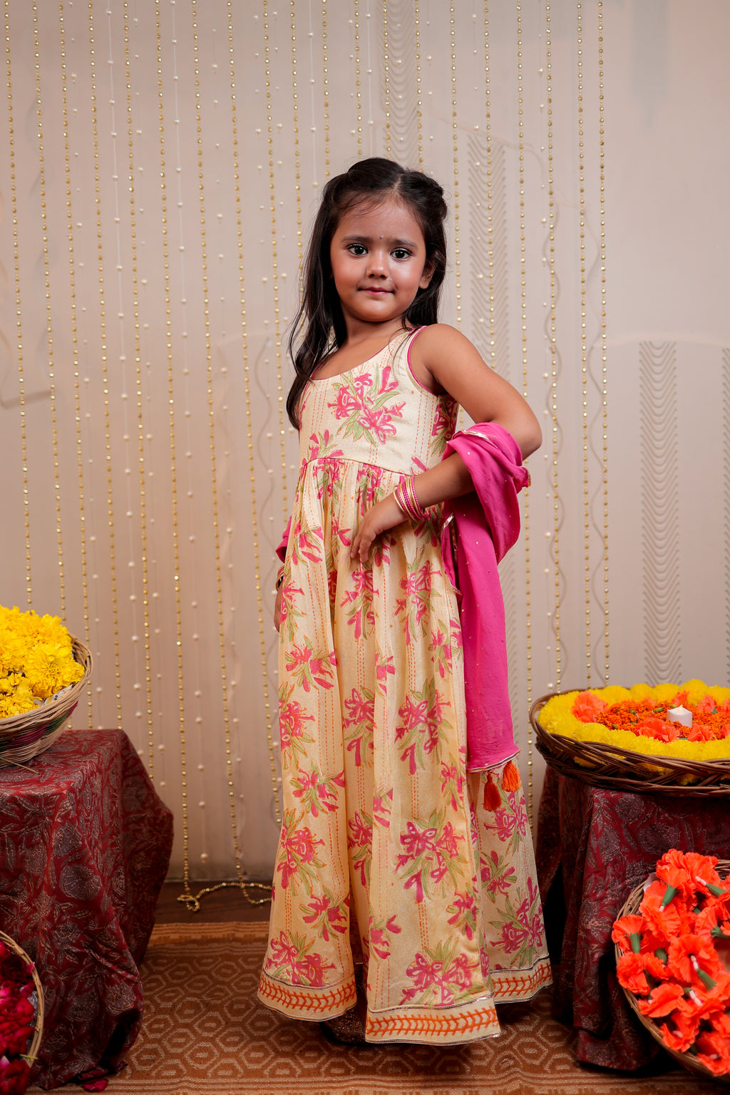 Yellow full length block printed kurta with dupatta