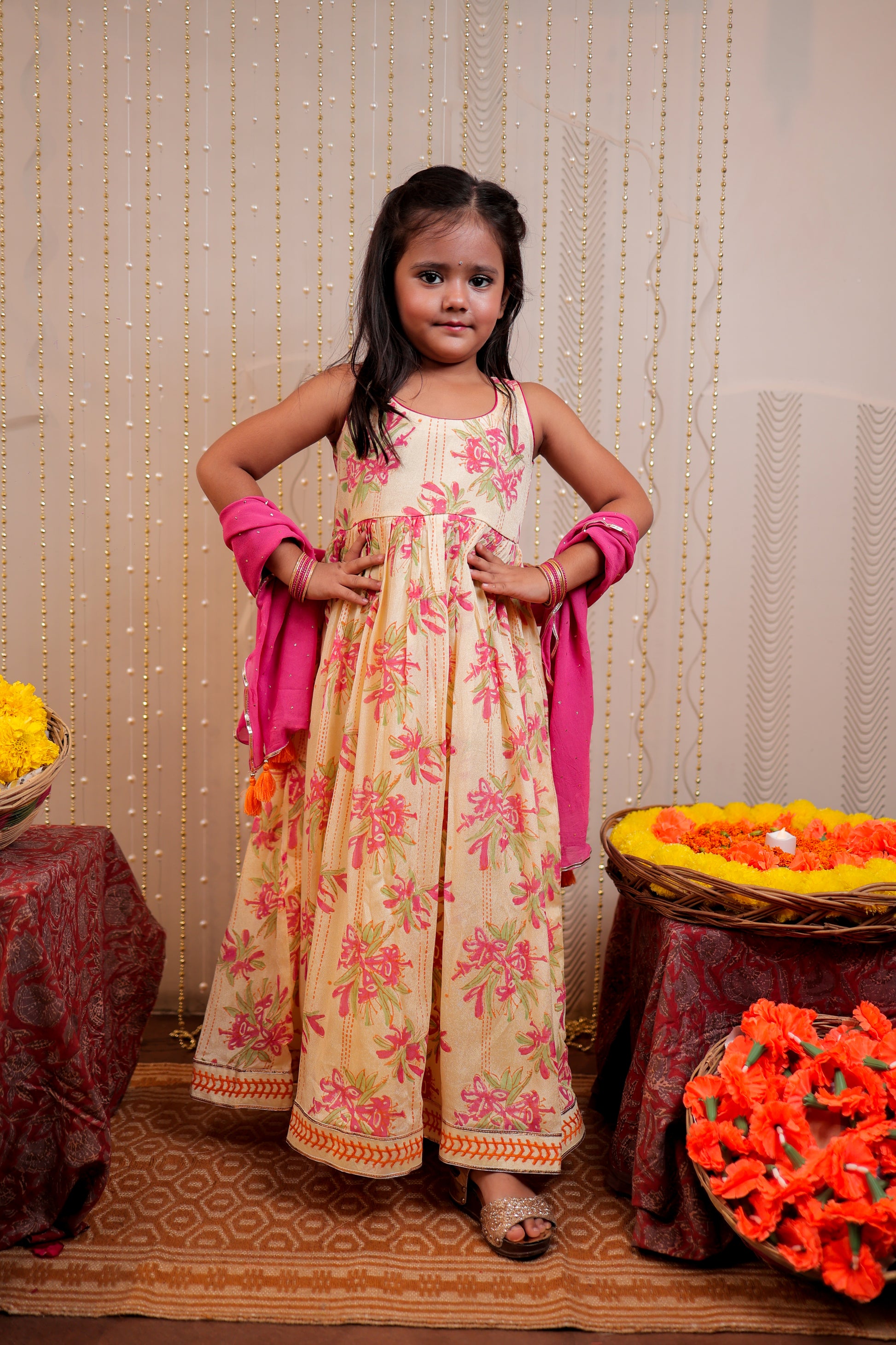 Yellow full length block printed kurta with dupatta