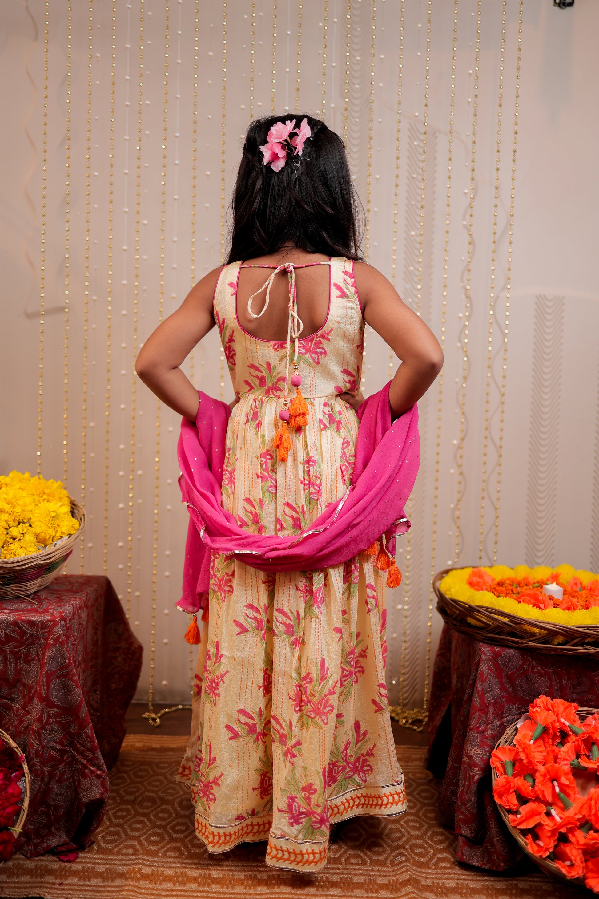 Yellow full length block printed kurta with dupatta