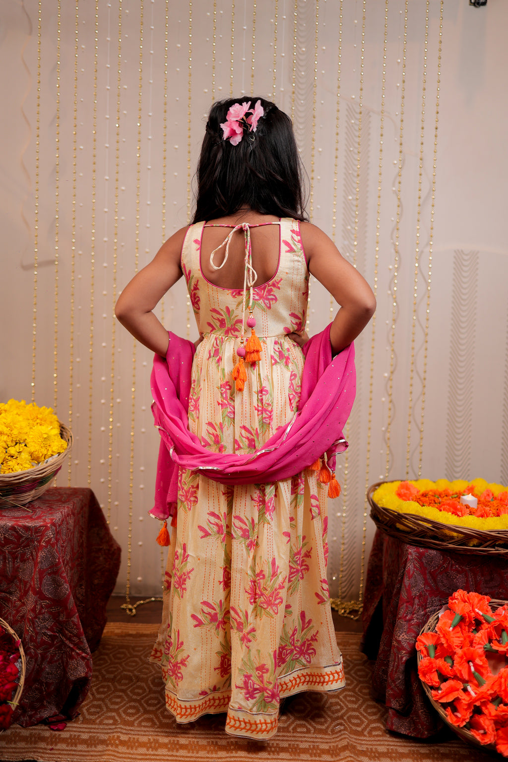 Yellow full length block printed kurta with dupatta