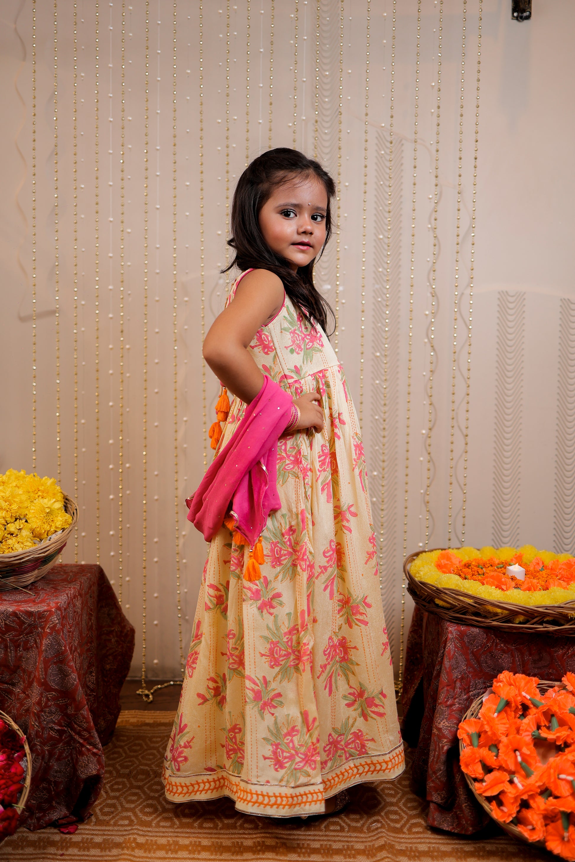 Yellow full length block printed kurta with dupatta