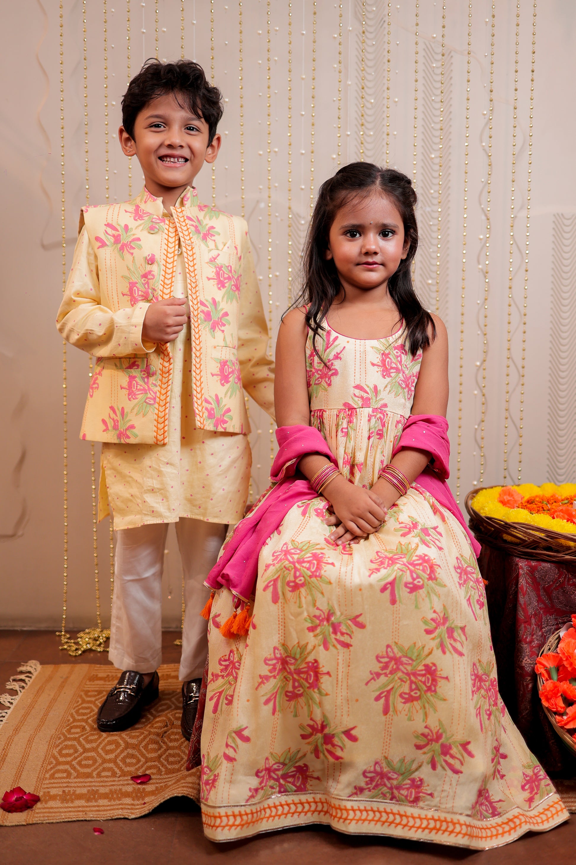 Yellow full length block printed kurta with dupatta