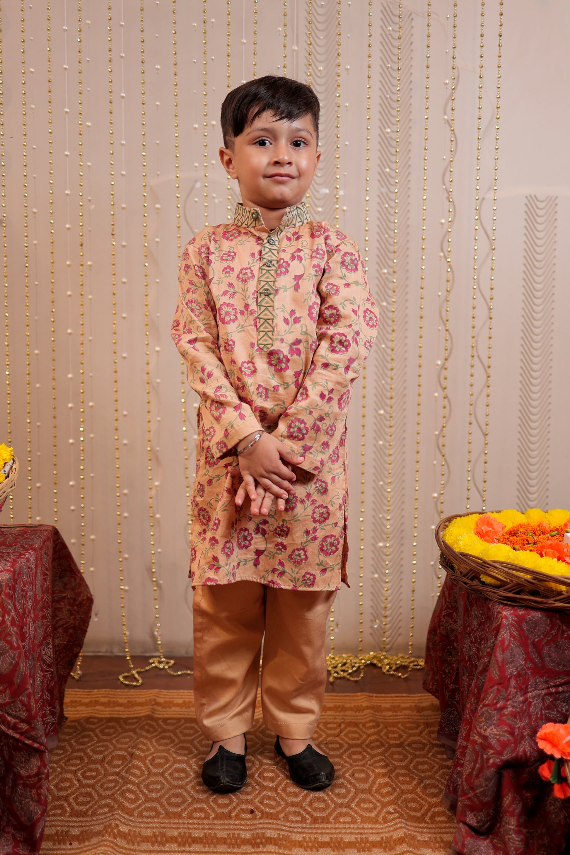 Beige block printed kurta set