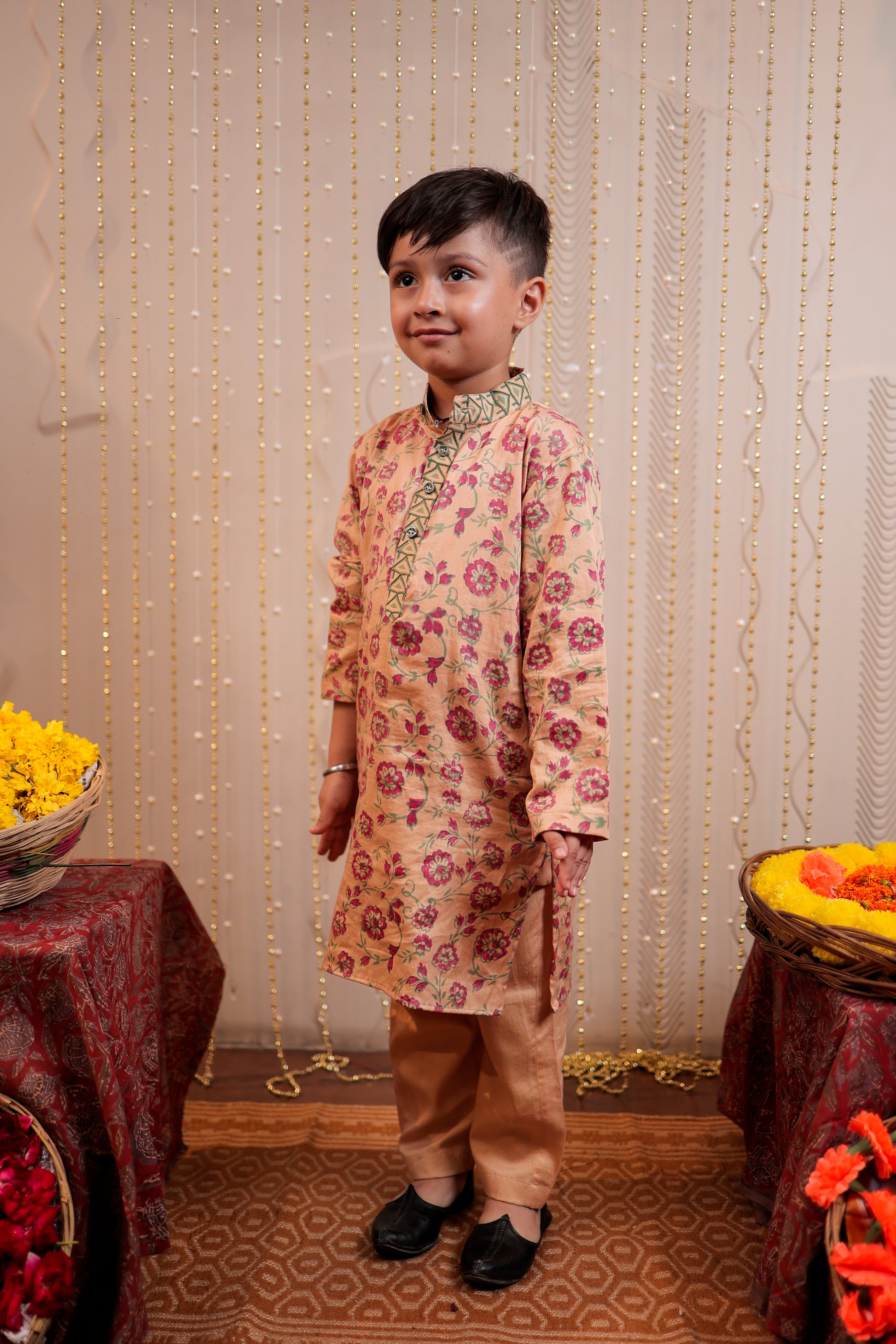 Beige block printed kurta set