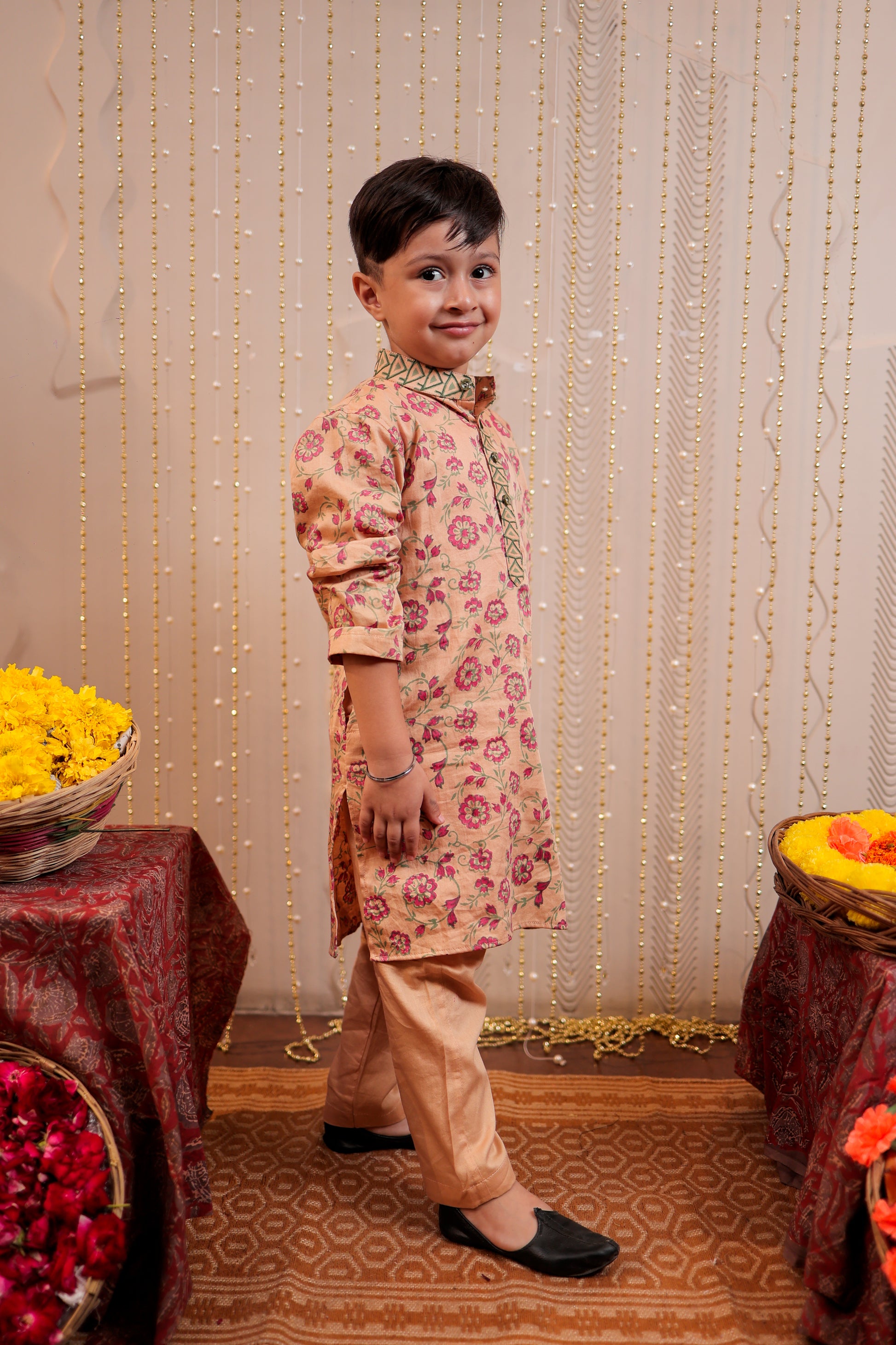 Beige block printed kurta set