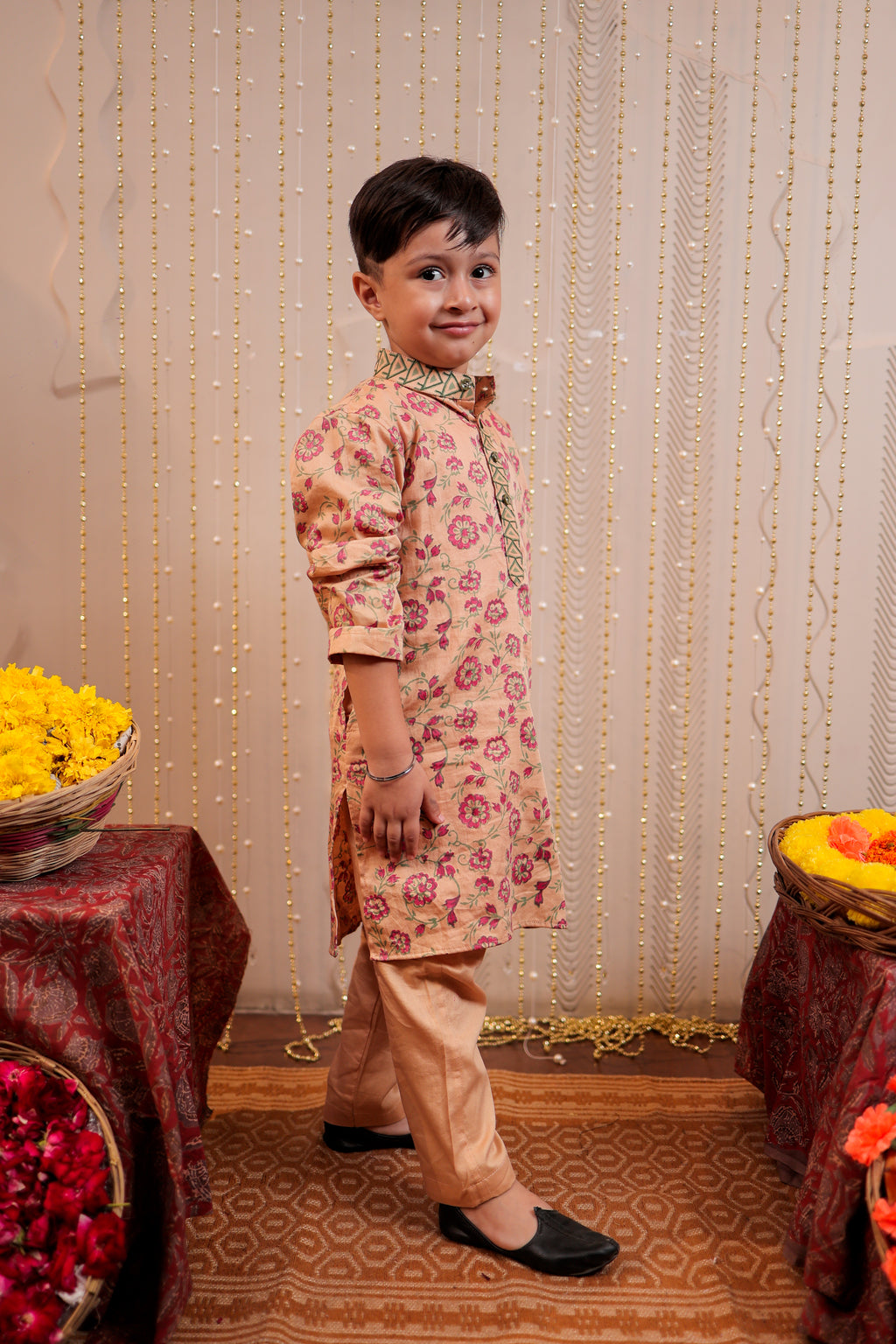 Beige block printed kurta set