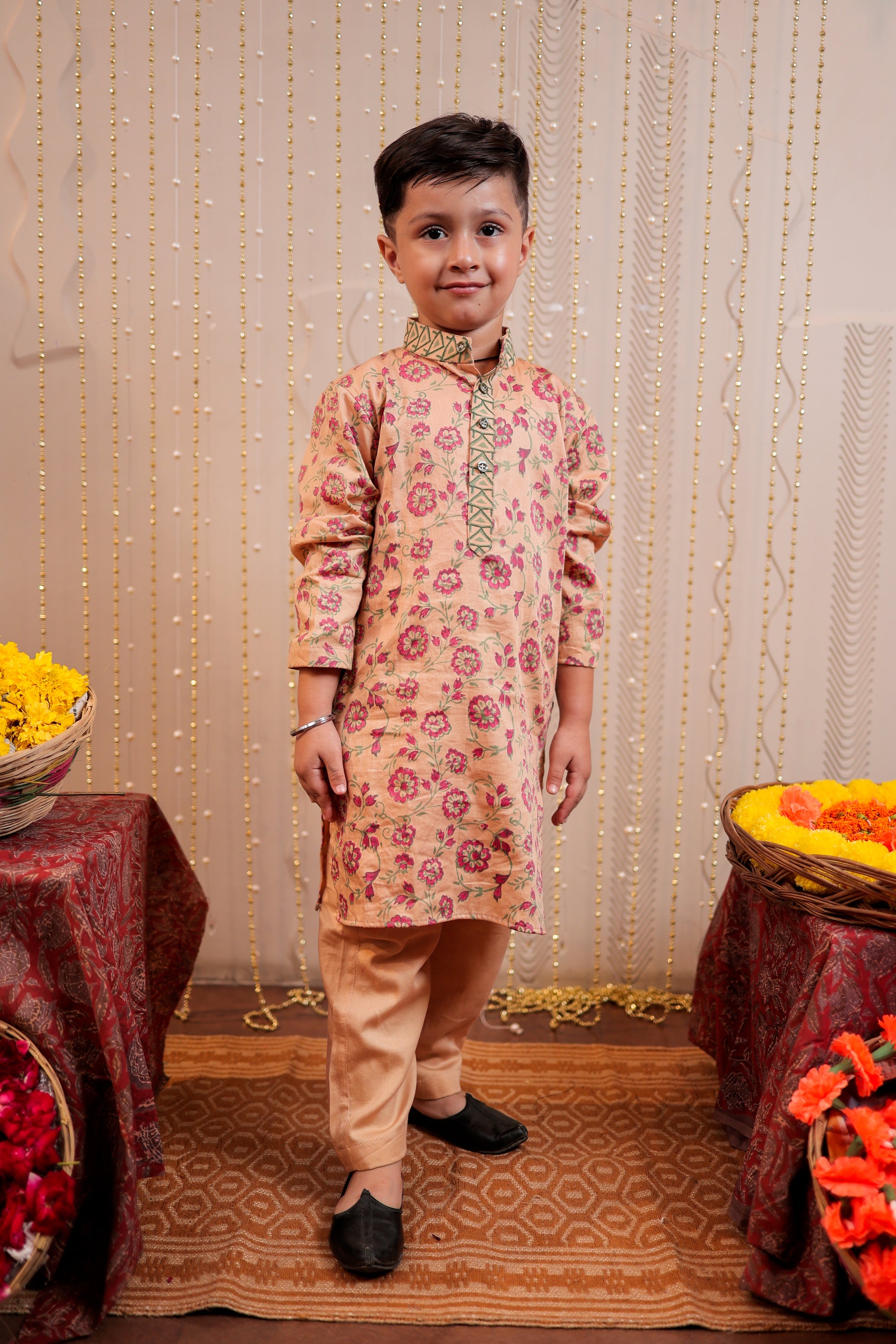 Beige block printed kurta set
