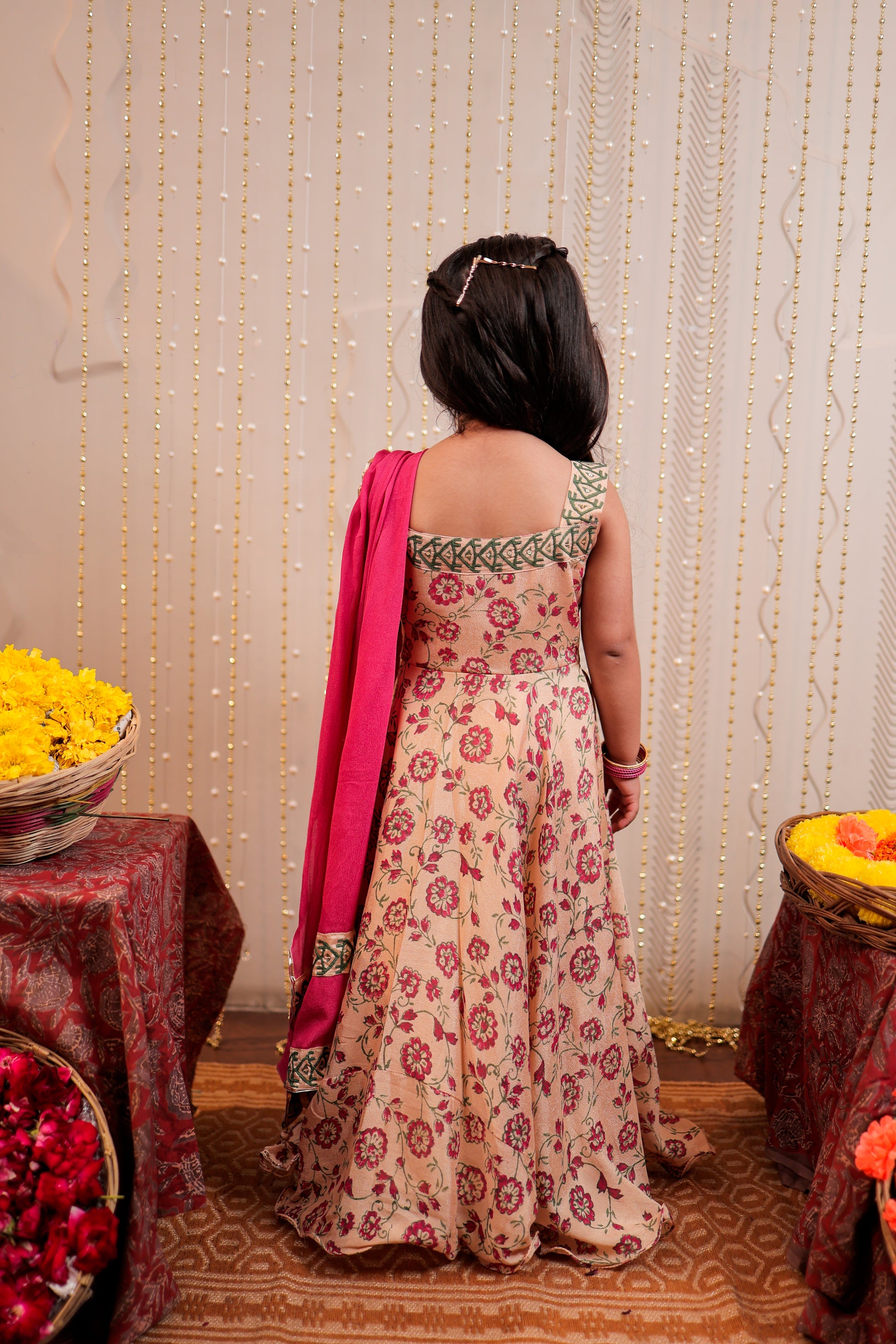 Beige full length block printed kurta with dupatta