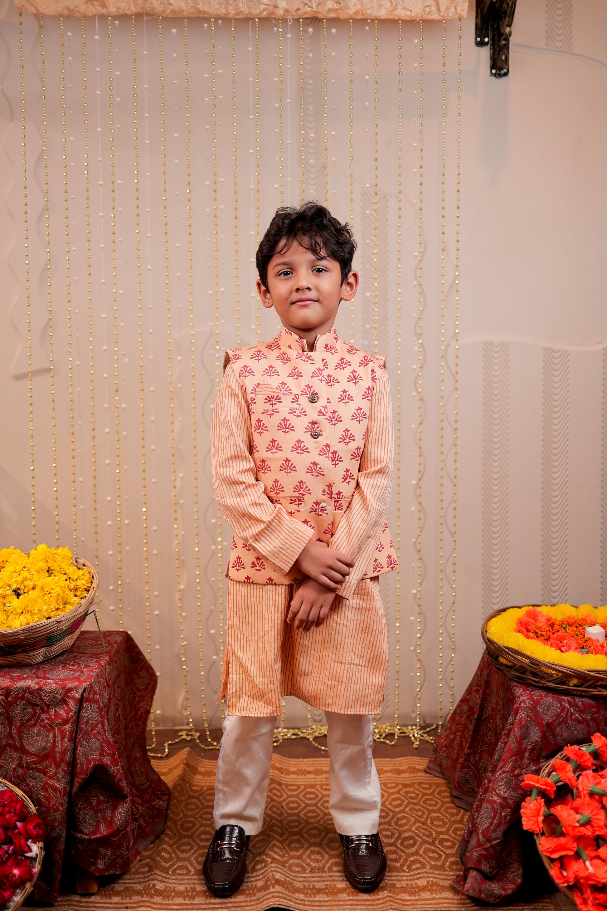 Peach Block Printed Kurta Set with jacket