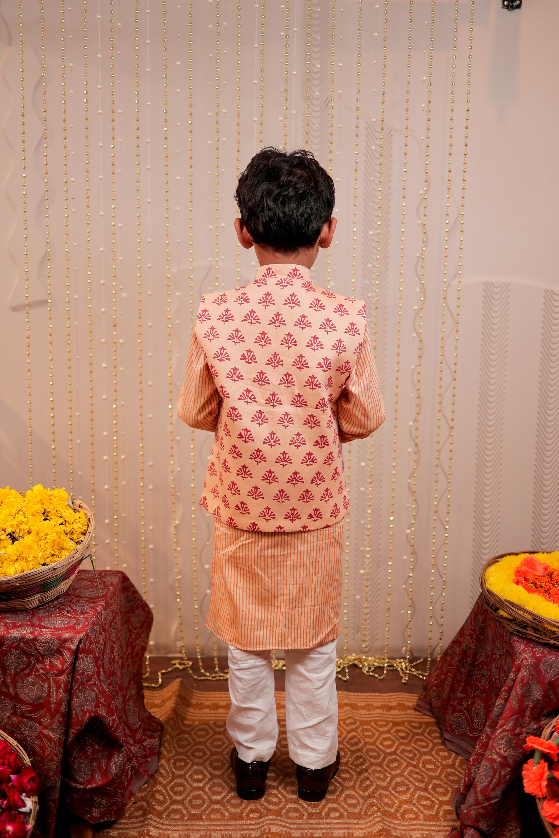 Peach Block Printed Kurta Set with jacket