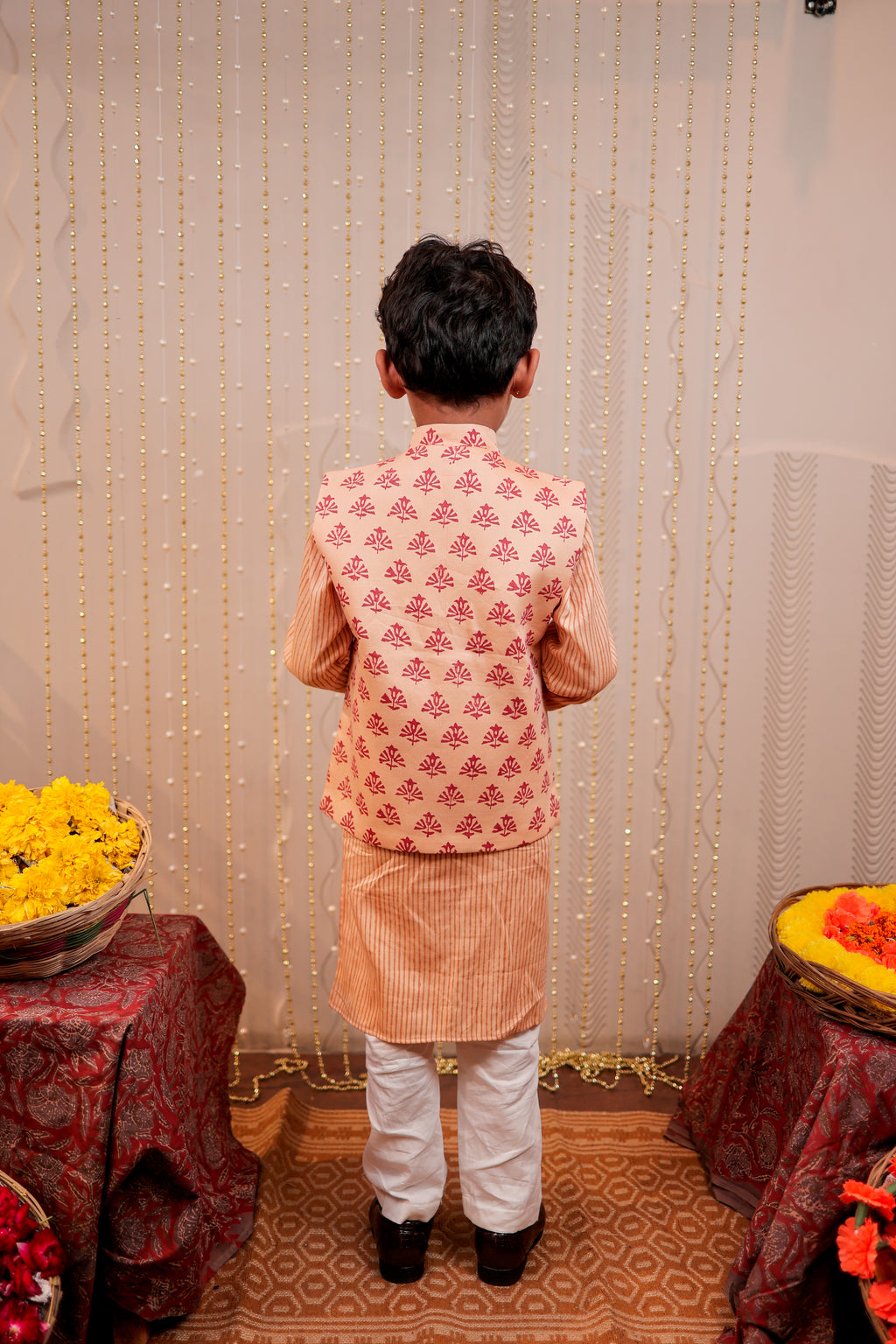 Peach Block Printed Kurta Set with jacket