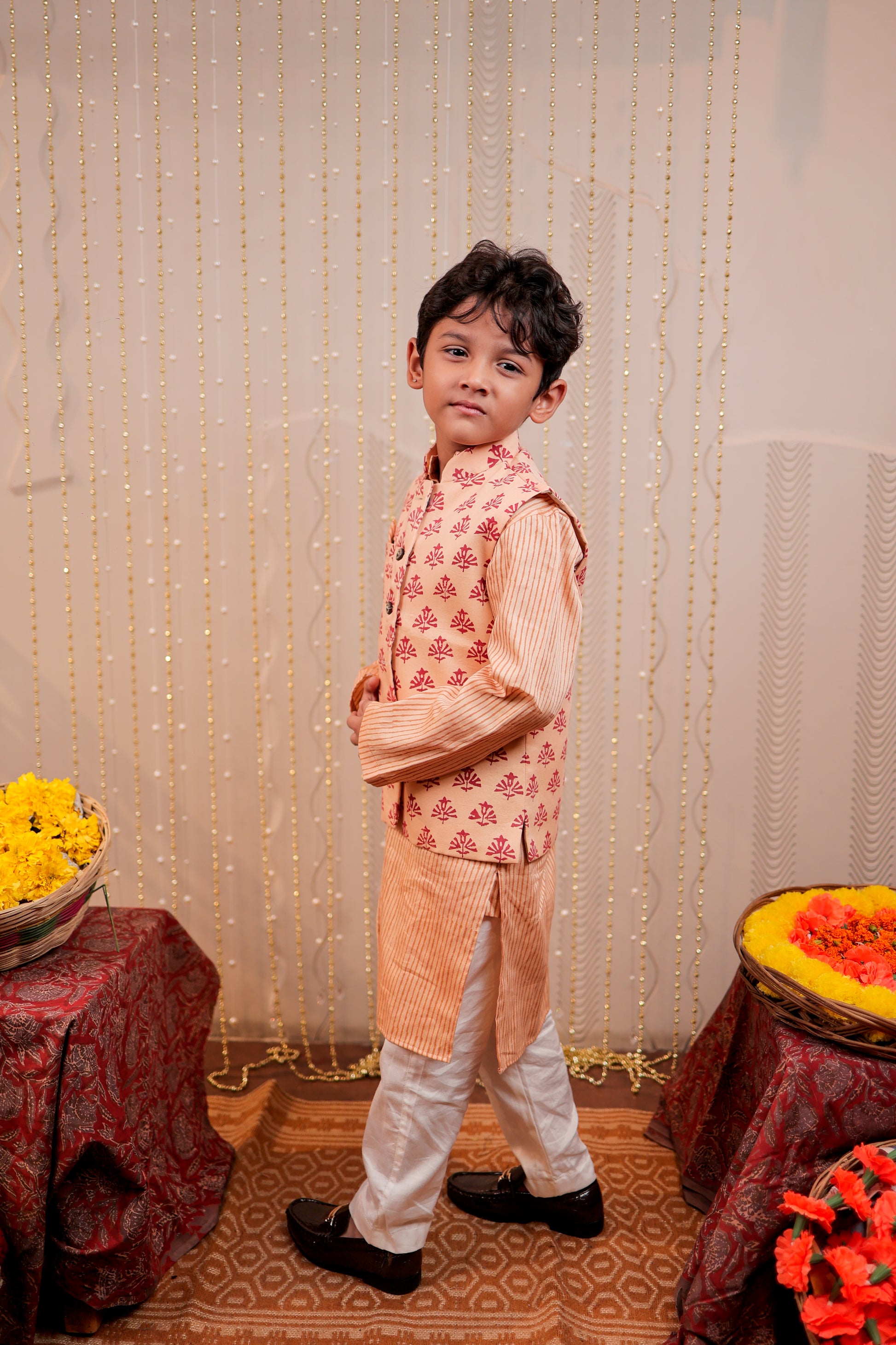 Peach Block Printed Kurta Set with jacket