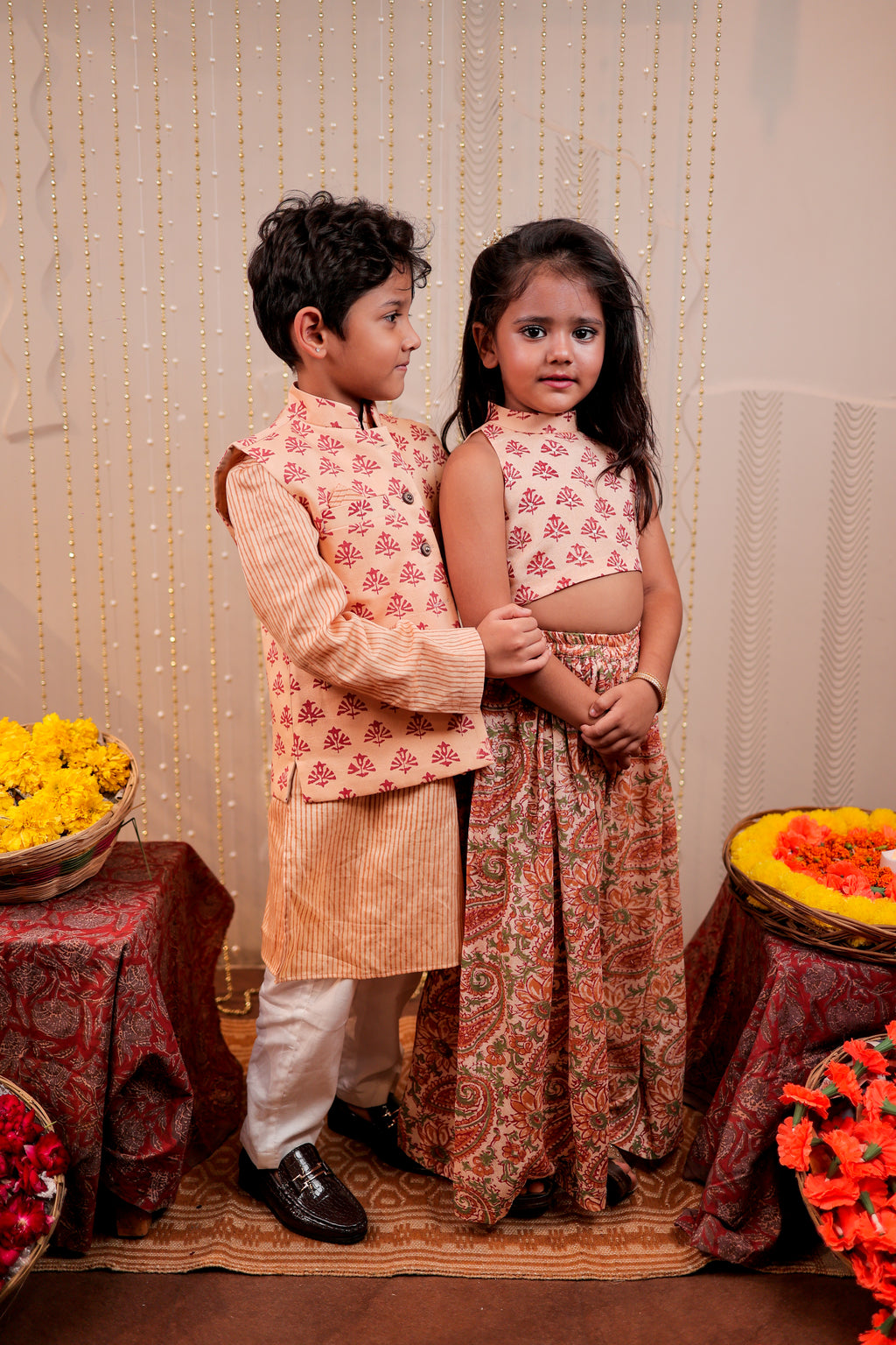 Peach block printed crop top with sharara