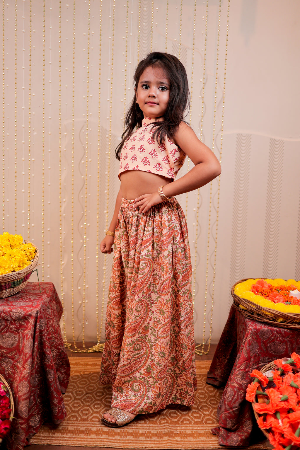 Peach block printed crop top with sharara