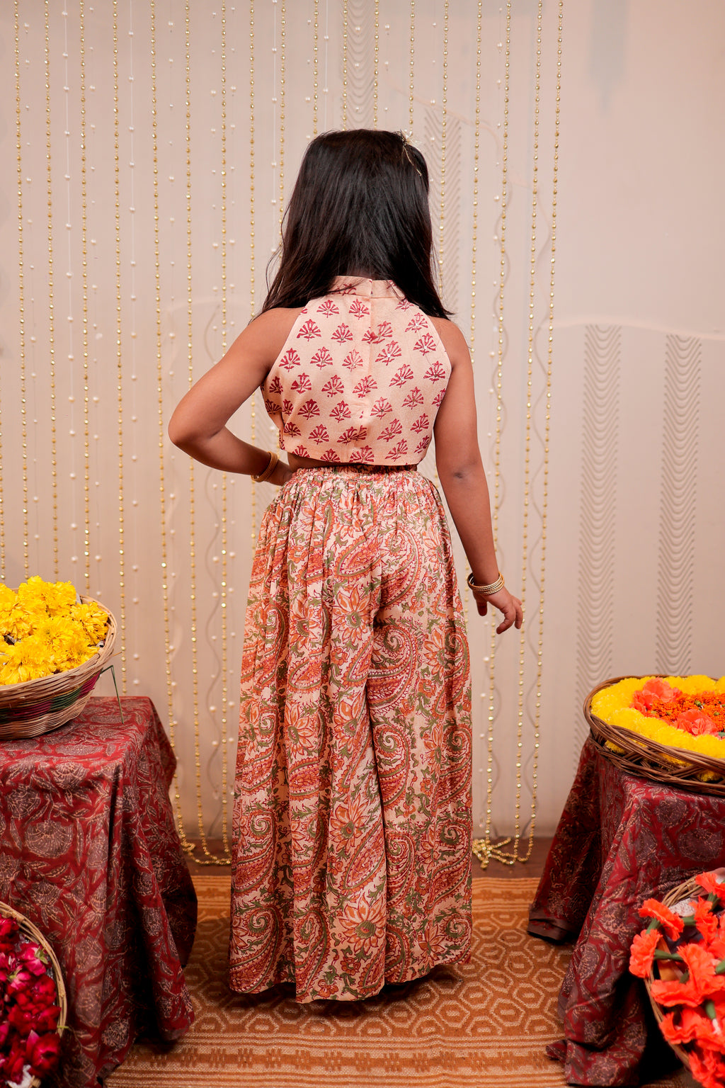 Peach block printed crop top with sharara