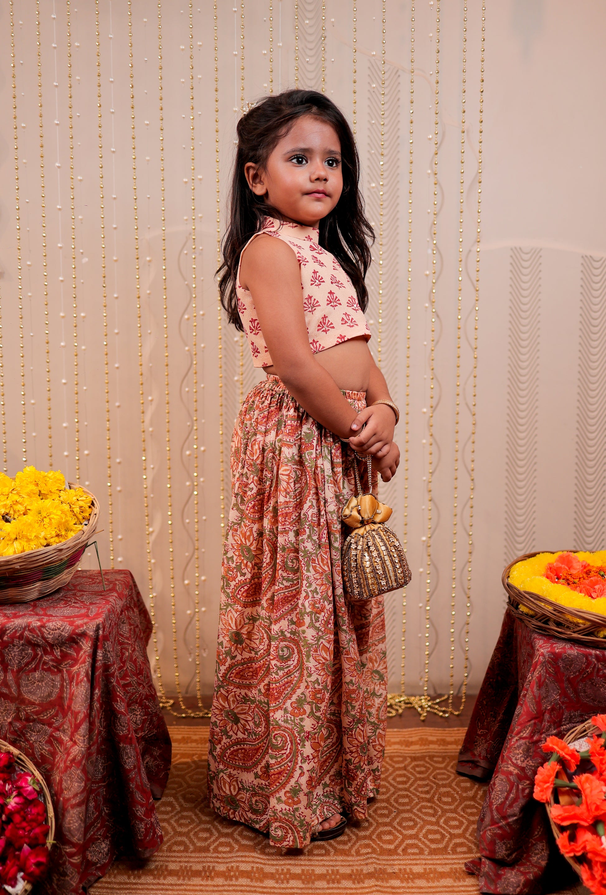 Peach block printed crop top with sharara