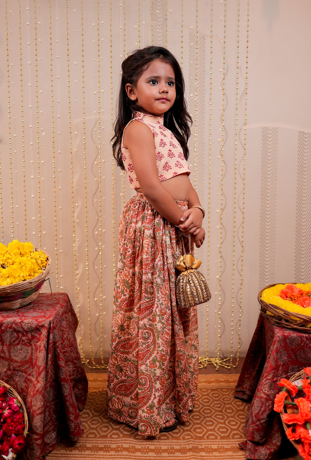 Peach block printed crop top with sharara