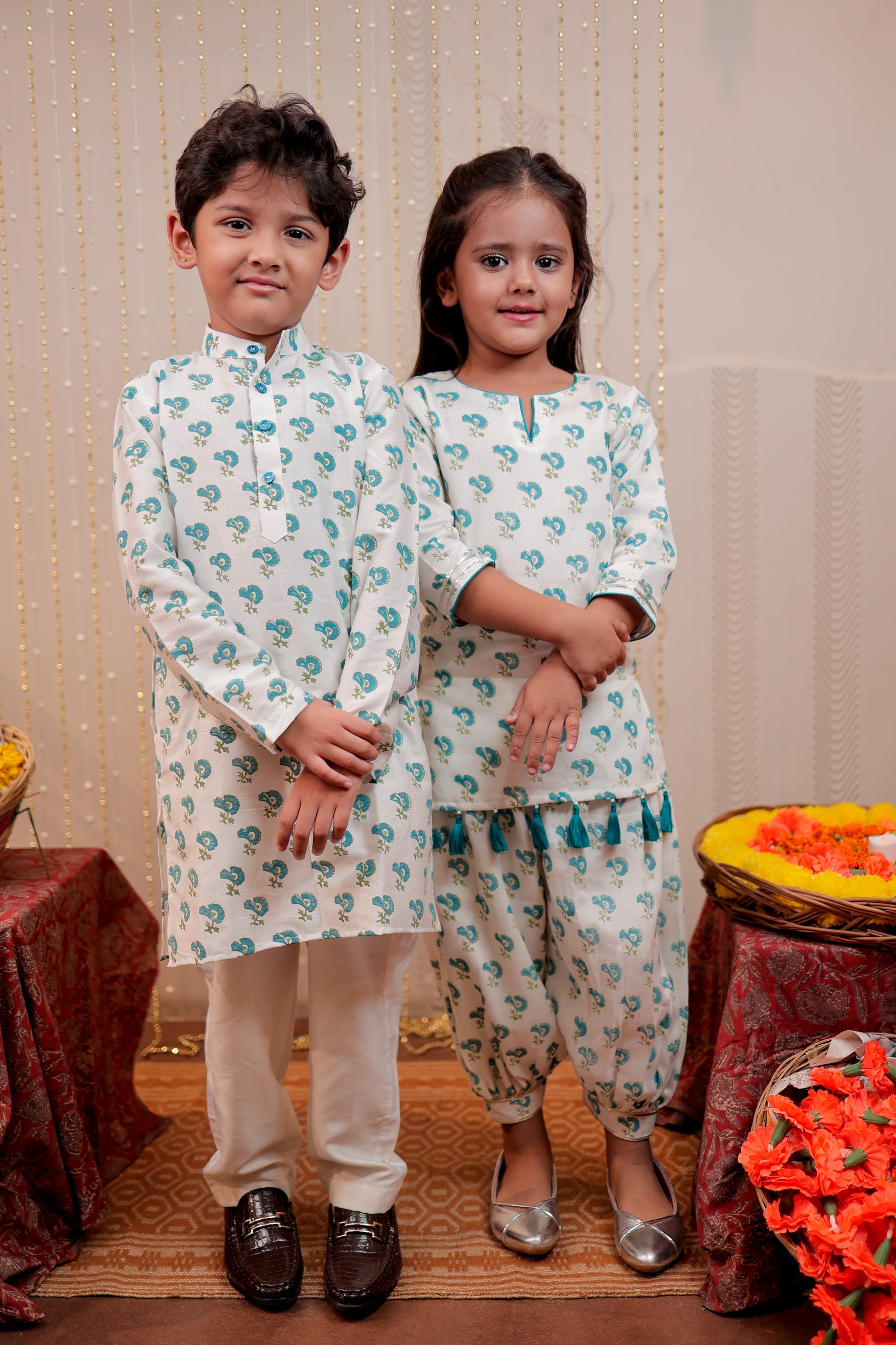 White block printed kurta with harem style pants