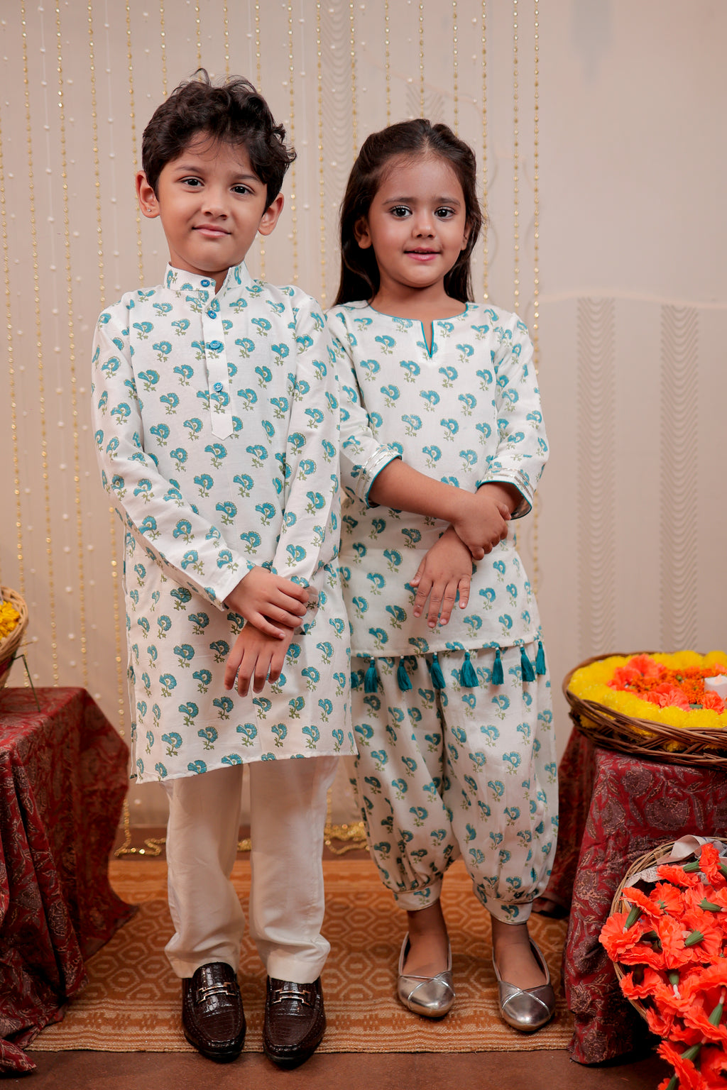 White block printed kurta with harem style pants