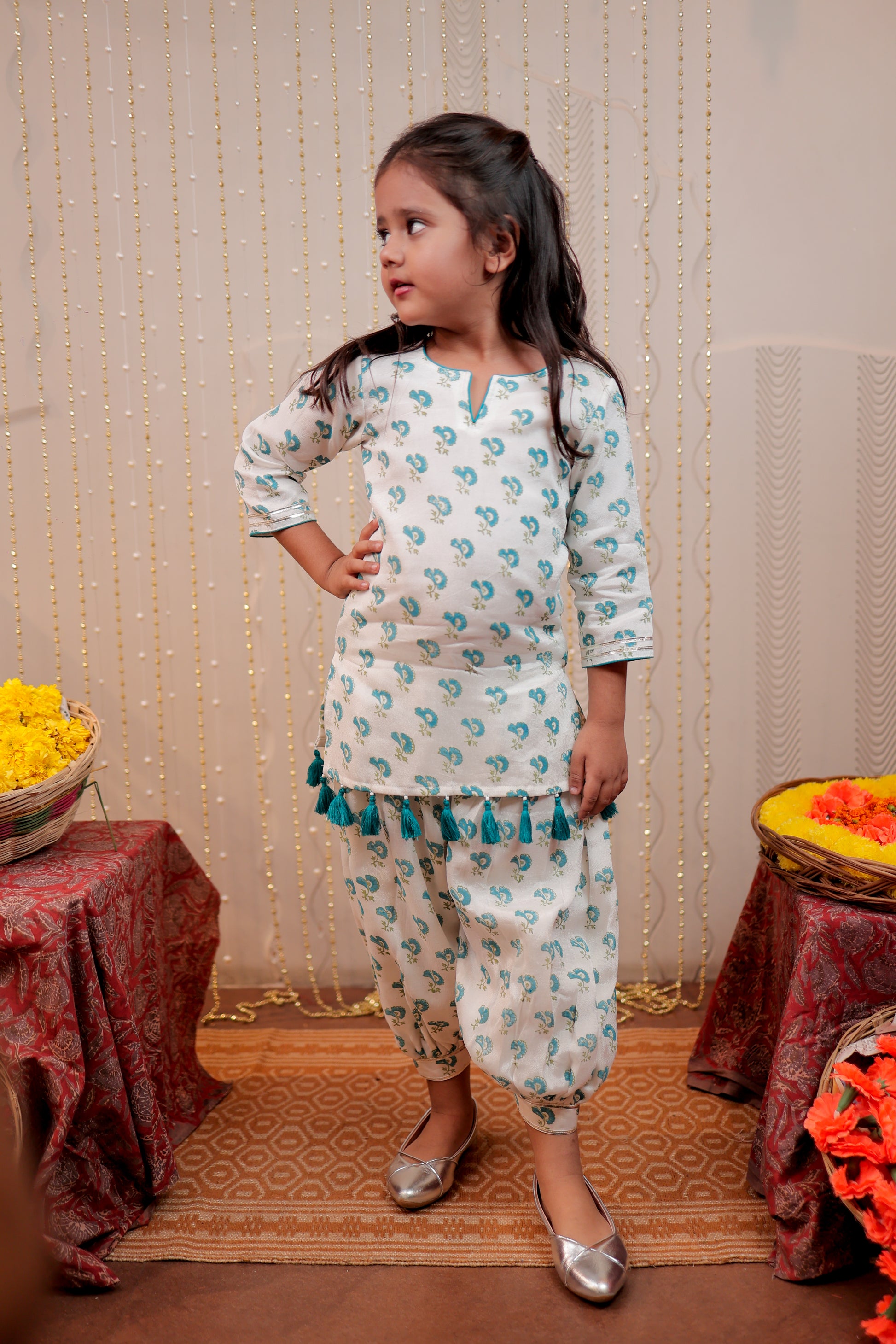 White block printed kurta with harem style pants