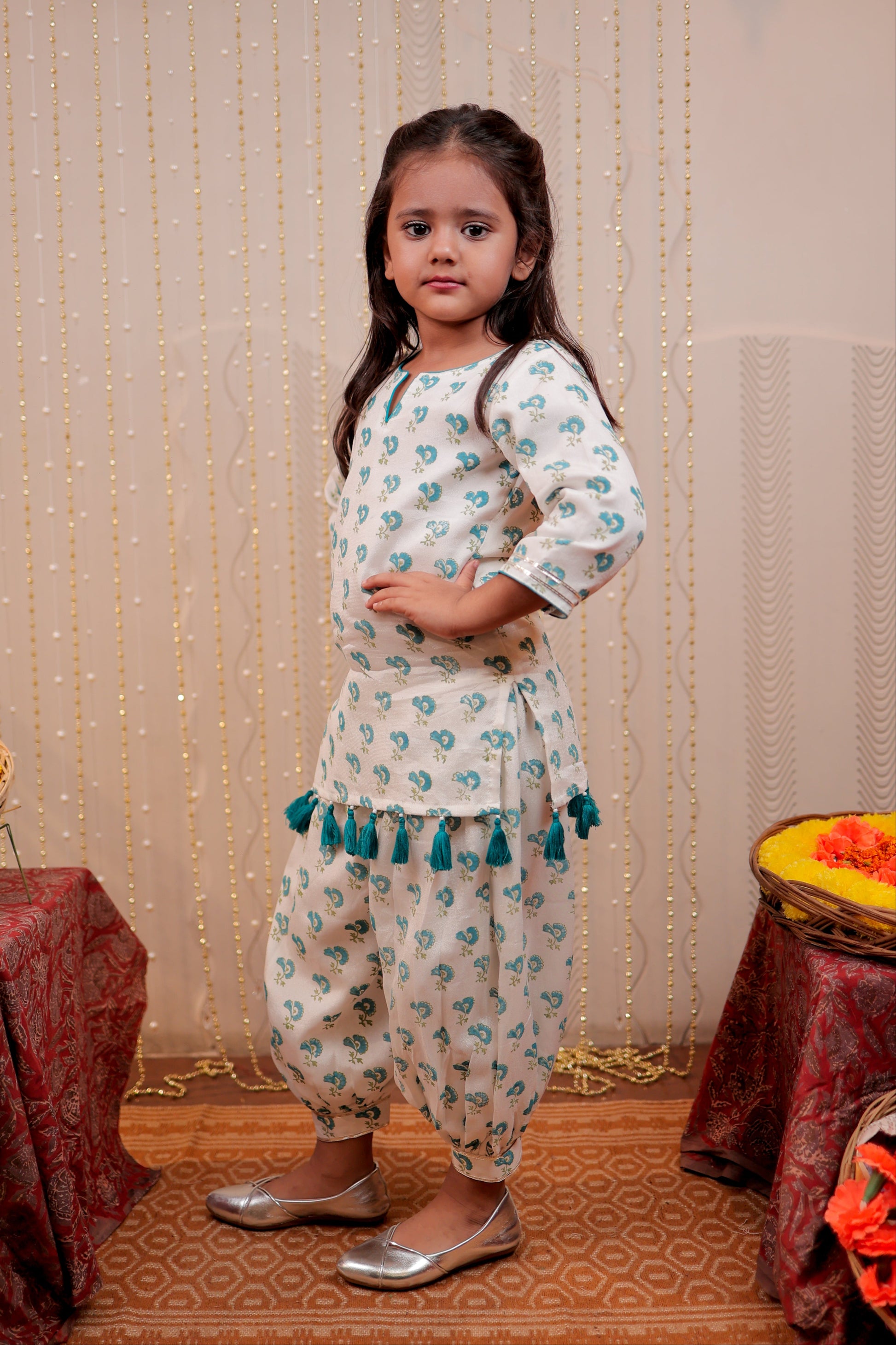 White block printed kurta with harem style pants