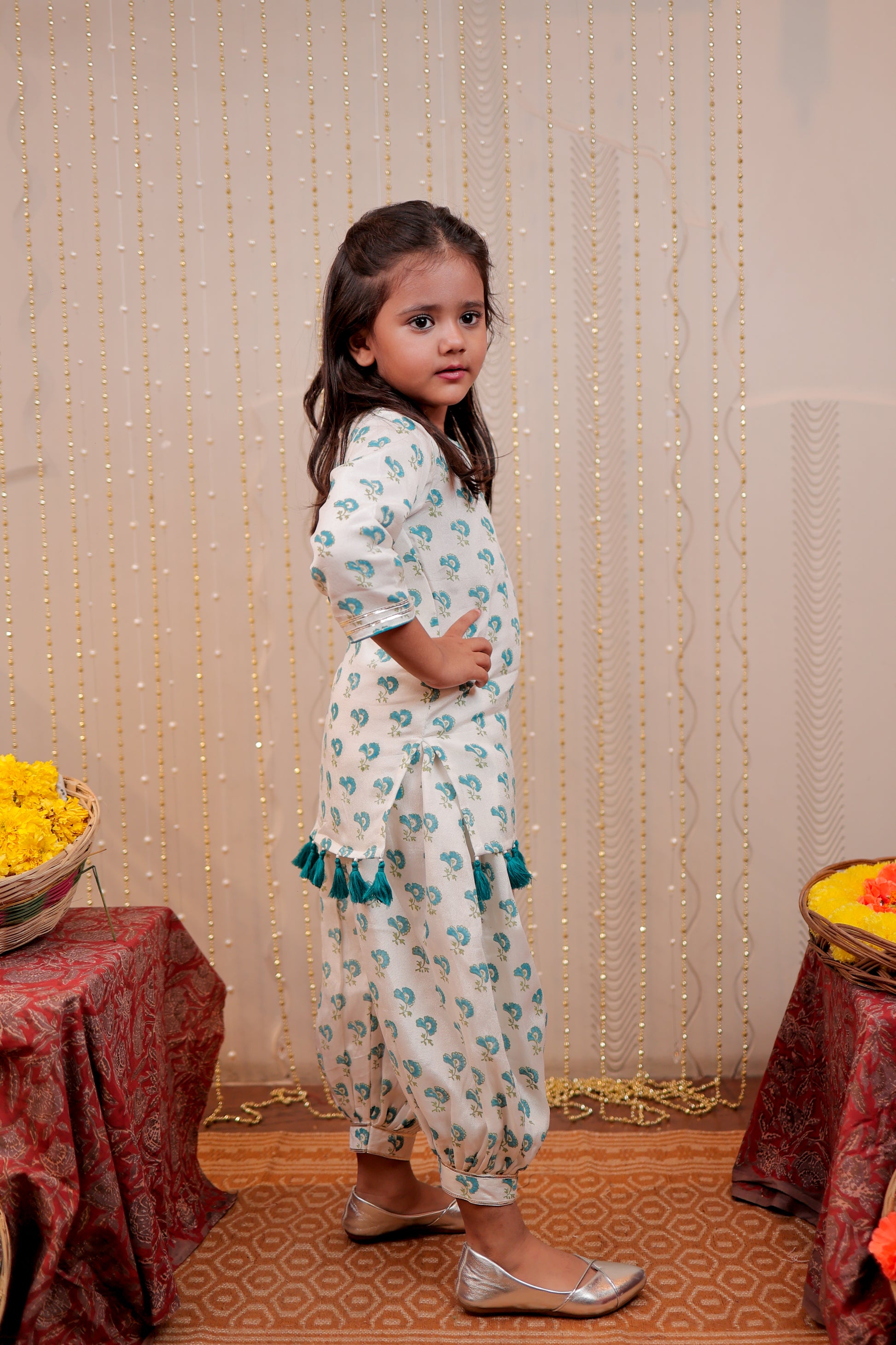 White block printed kurta with harem style pants