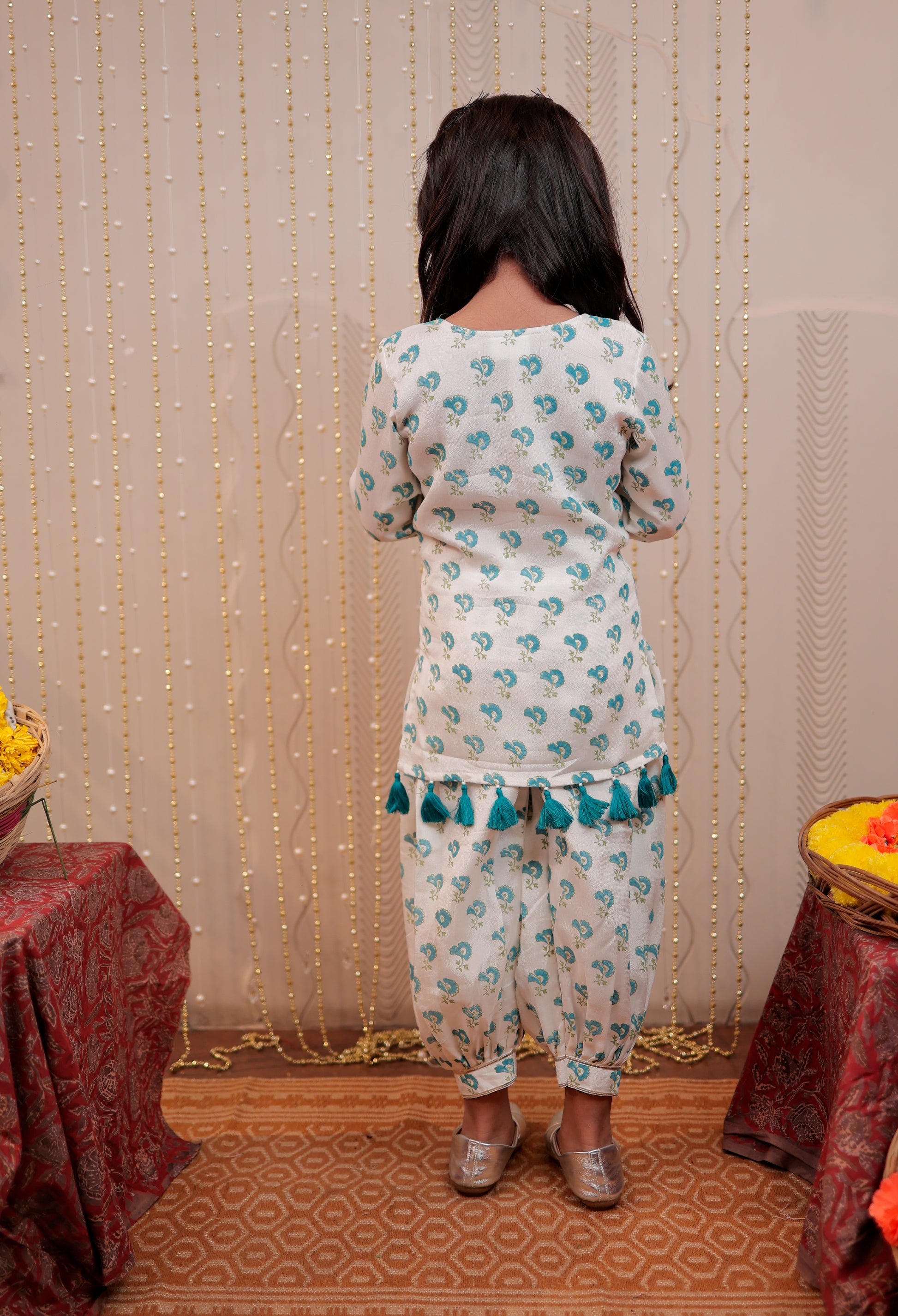 White block printed kurta with harem style pants